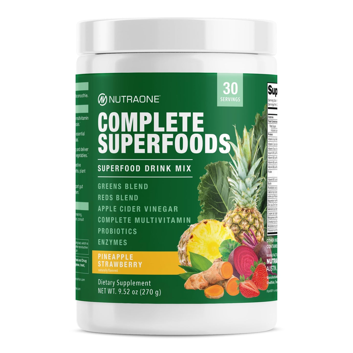NutraOne Complete Superfoods, Greens & Reds Blend, Apple Cider Vinegar, Digestive Enzyme Blend, Probiotic Blend, Multivitamin (Pineapple Strawberry - 30 Servings) Cannister Pineapple Strawberry Powder 9.31 Ounce