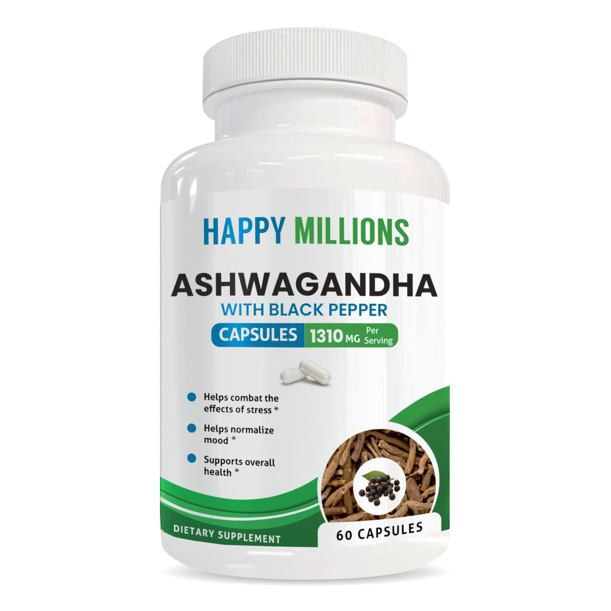 HAPPY MILLIONS Ashwagandha with Black Pepper Capsules 60