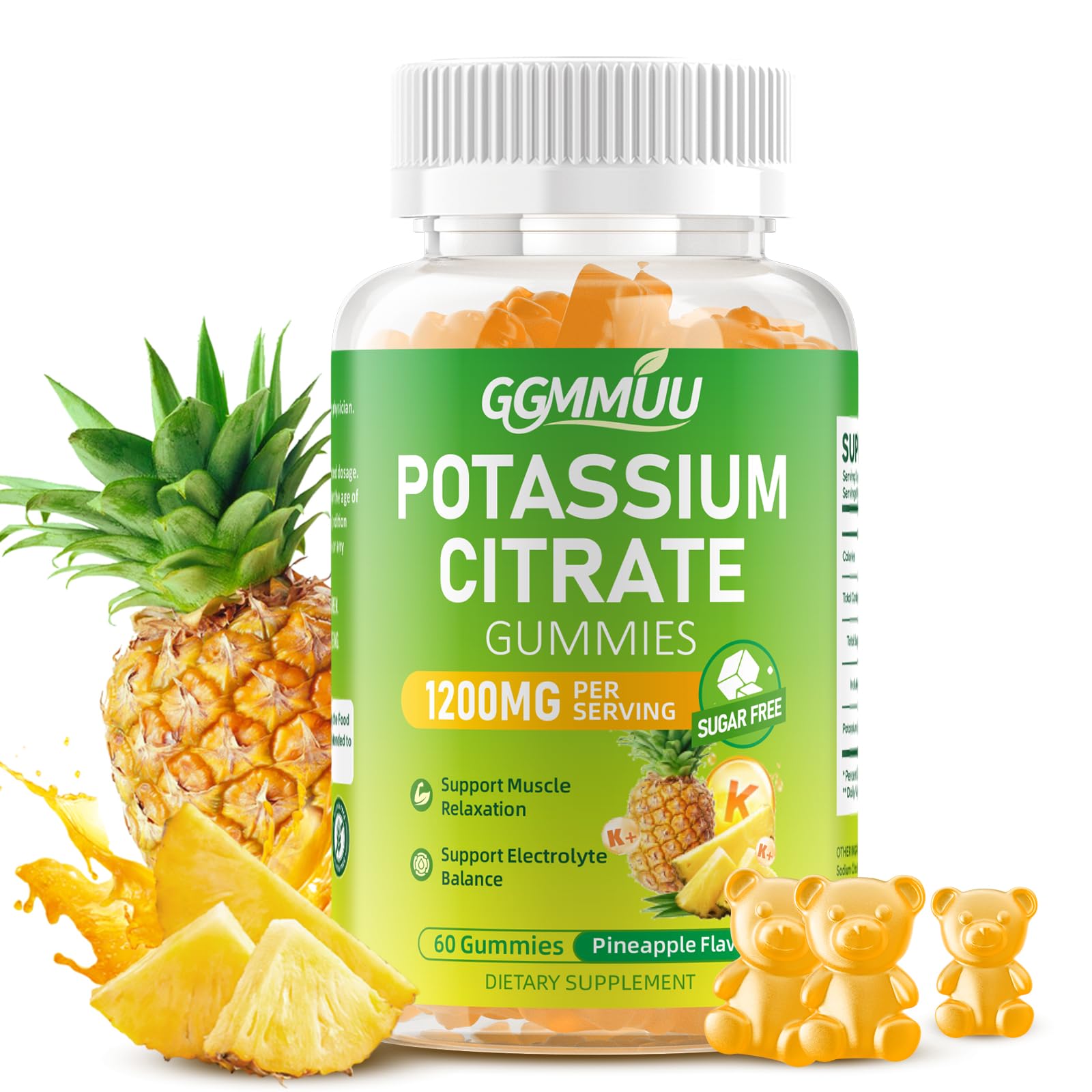 GGMMUU Potassium Citrate Gummy 1200mg, Sugar Free, Pineapple, 60 Count