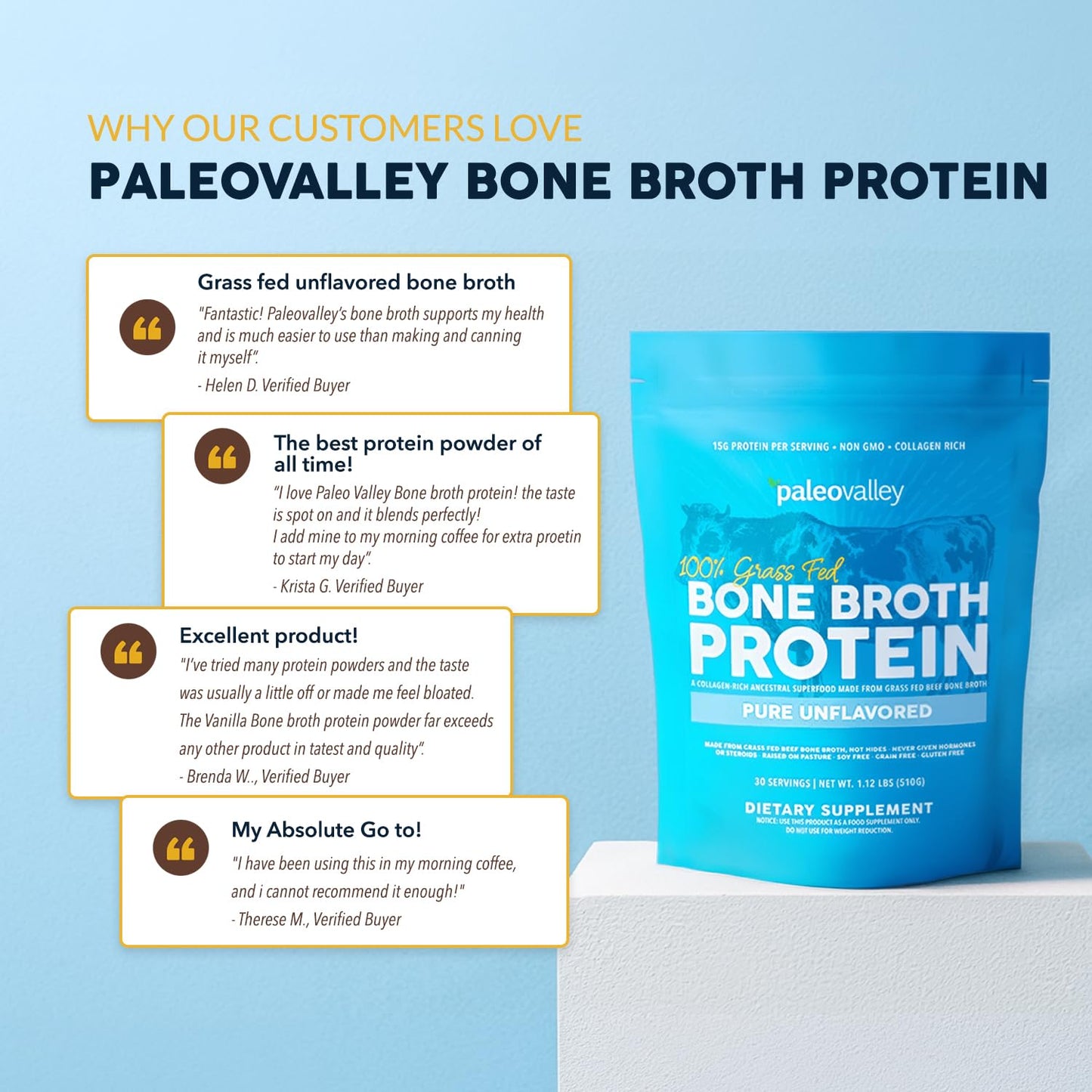 Paleovalley 100% Grass Fed Beef Bone Broth Protein Powder 16.8 oz