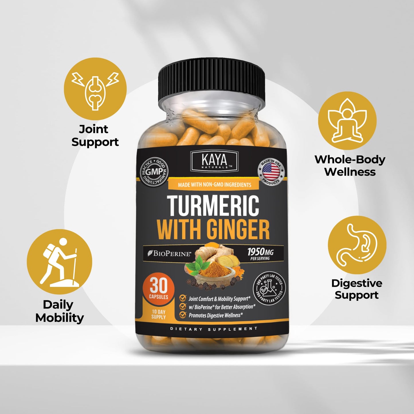 Kaya Naturals Tumeric Curcumin Standardized - Tumeric Ginger Supplement Movement Support with Bioperine - 1950mg - 30 Capsules