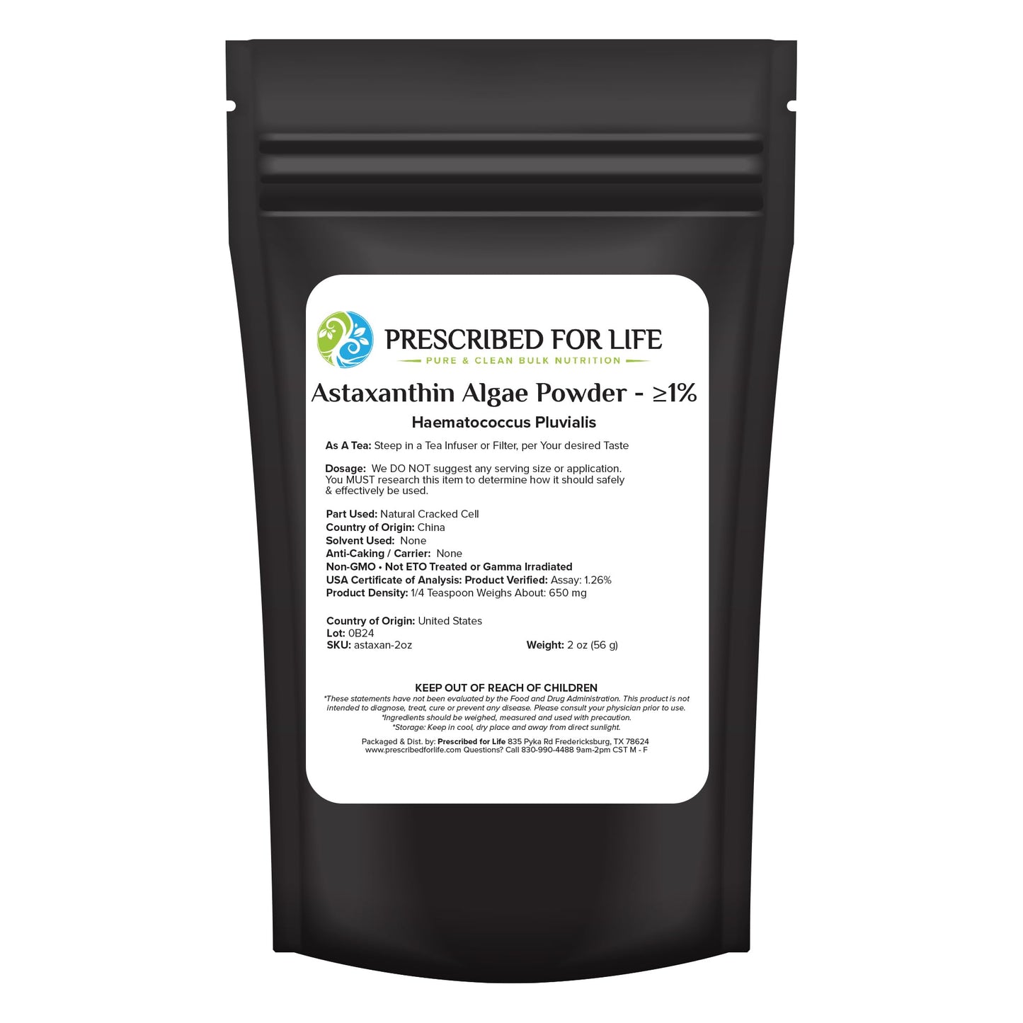 Prescribed For Life Astaxanthin Powder Supplement Made from Red Algae Natural 1%, 1.9753 Ounce