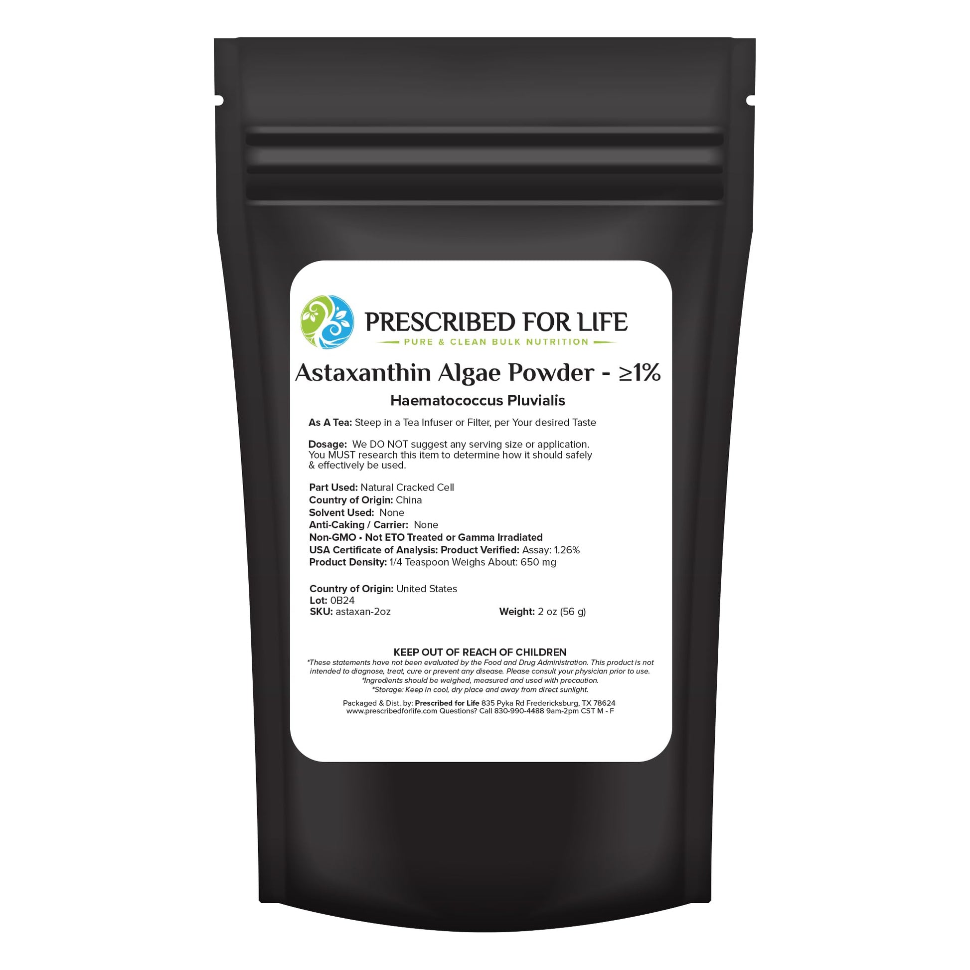 Prescribed For Life Astaxanthin Powder Supplement Made from Red Algae Natural 1%, 1.9753 Ounce