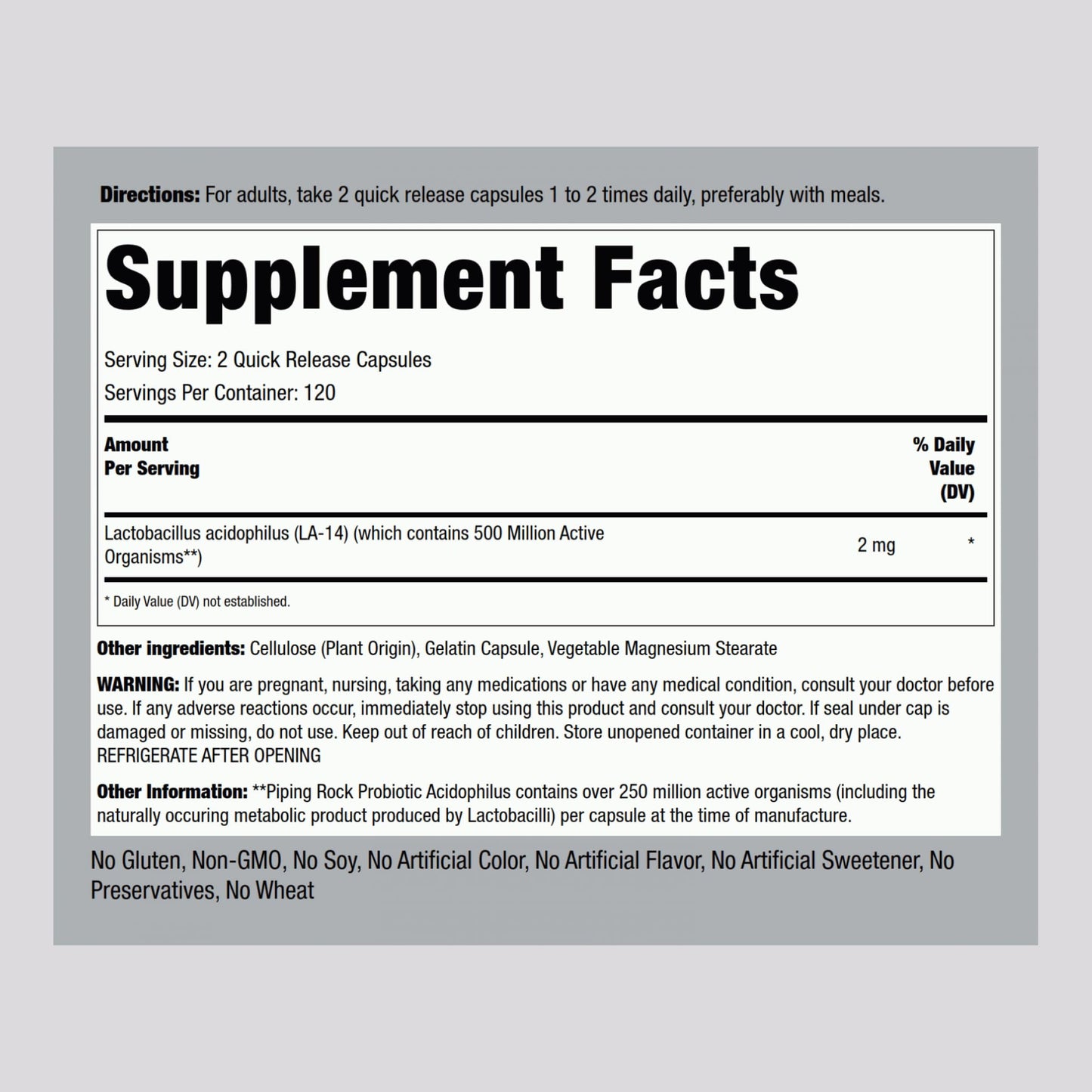 Piping Rock Probiotic Acidophilus Capsules 250 Million CFU, 240 Capsules, Non-GMO, Gluten Free