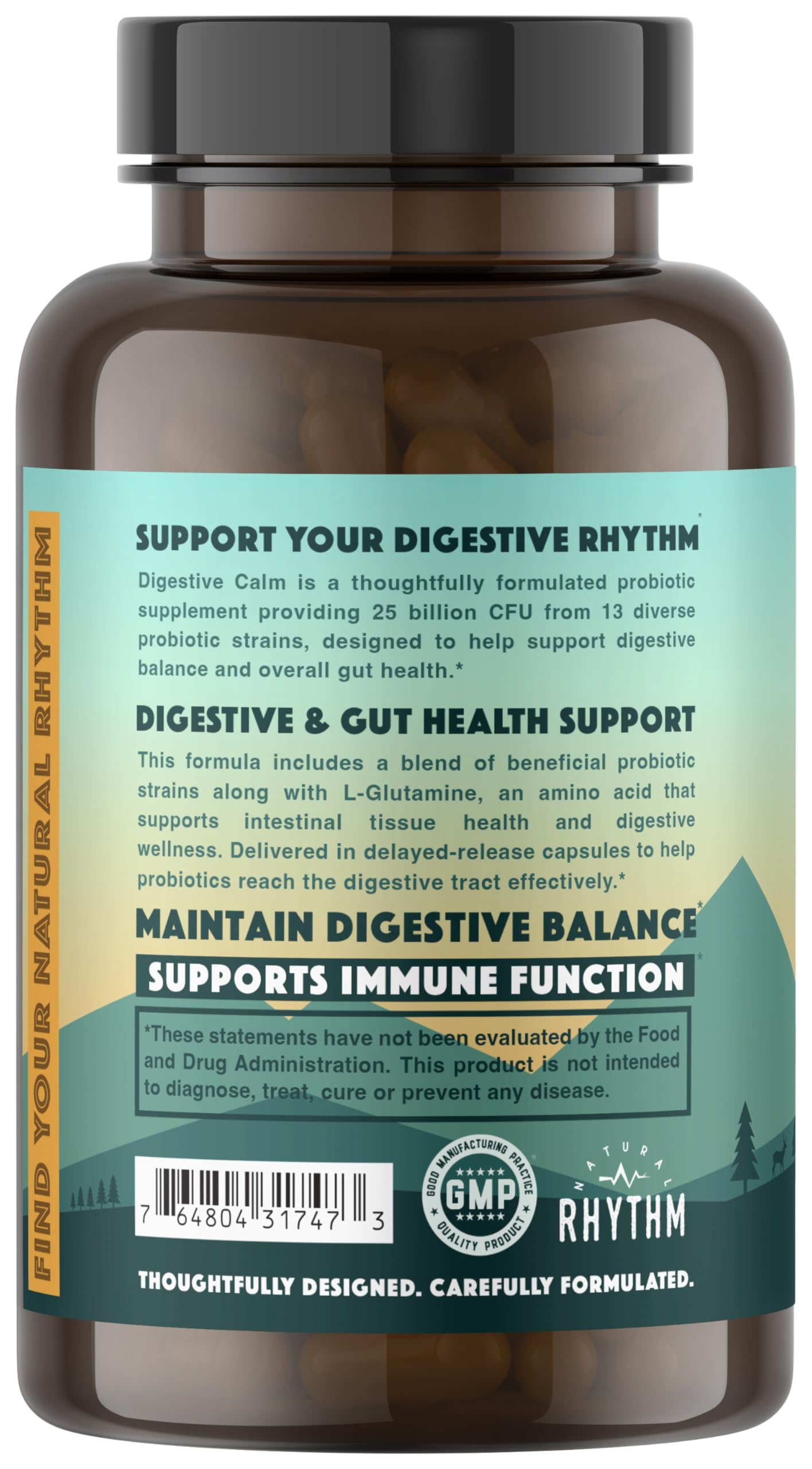 Natural Rhythm Digestive Calm Probiotic + L-Glutamine, 25 Billion CFU, 13 Strains, Digestive & Immune Support, Vegetarian Capsules, 60 Count