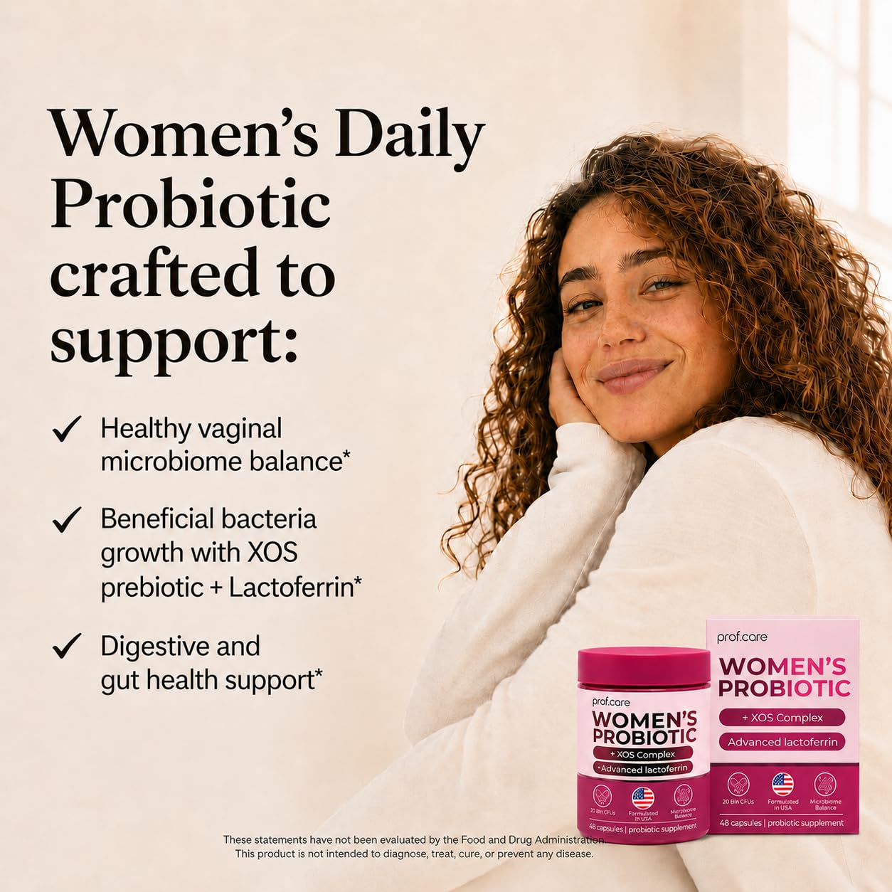 prof.care Women’s Probiotic for Vaginal Microbiome Support, Lactobacillus Blend with Lactoferrin + XOS Prebiotic, Capsules, 48 Count