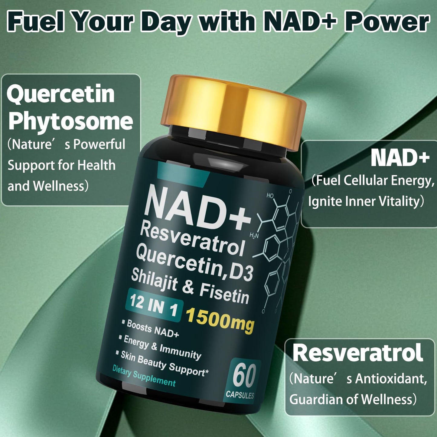 Dr. HR NAD+ Capsule 1500mg with Resveratrol, Vitamin D3, Quercetin & Fisetin – Supports Energy, Skin Health, Vitality & Immunity, 60 Capsules