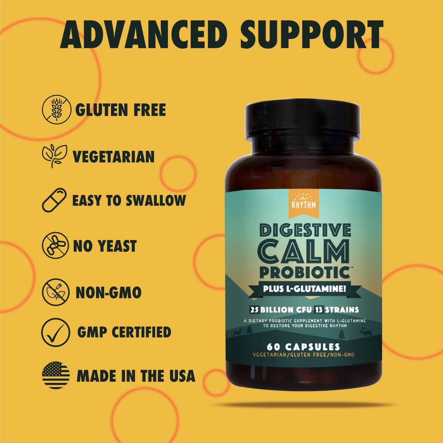 Natural Rhythm Digestive Calm Probiotic + L-Glutamine, 25 Billion CFU, 13 Strains, Digestive & Immune Support, Vegetarian Capsules, 60 Count