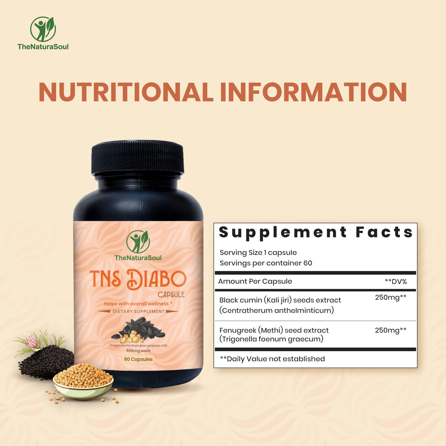 TheNaturaSoul TNS Diabo Herbal with Black Cumin & Fenugreek Seed Extract Capsules, 60 Capsules