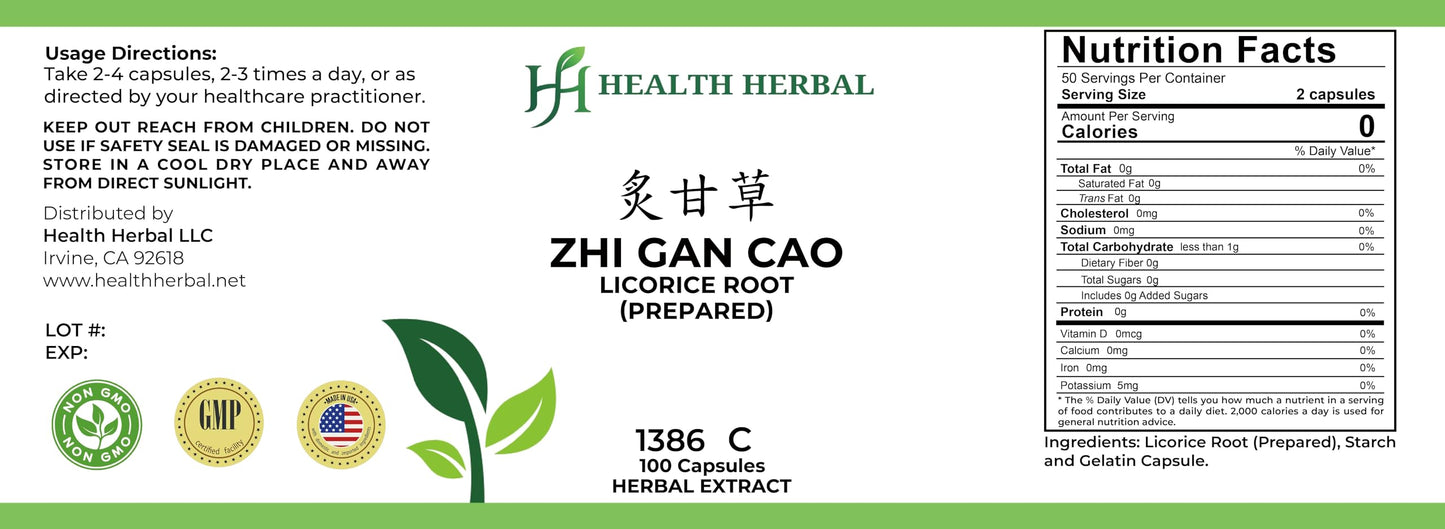 Health Herbal Zhi Gan Cao/Licorice Root (Prepared) Capsules 100