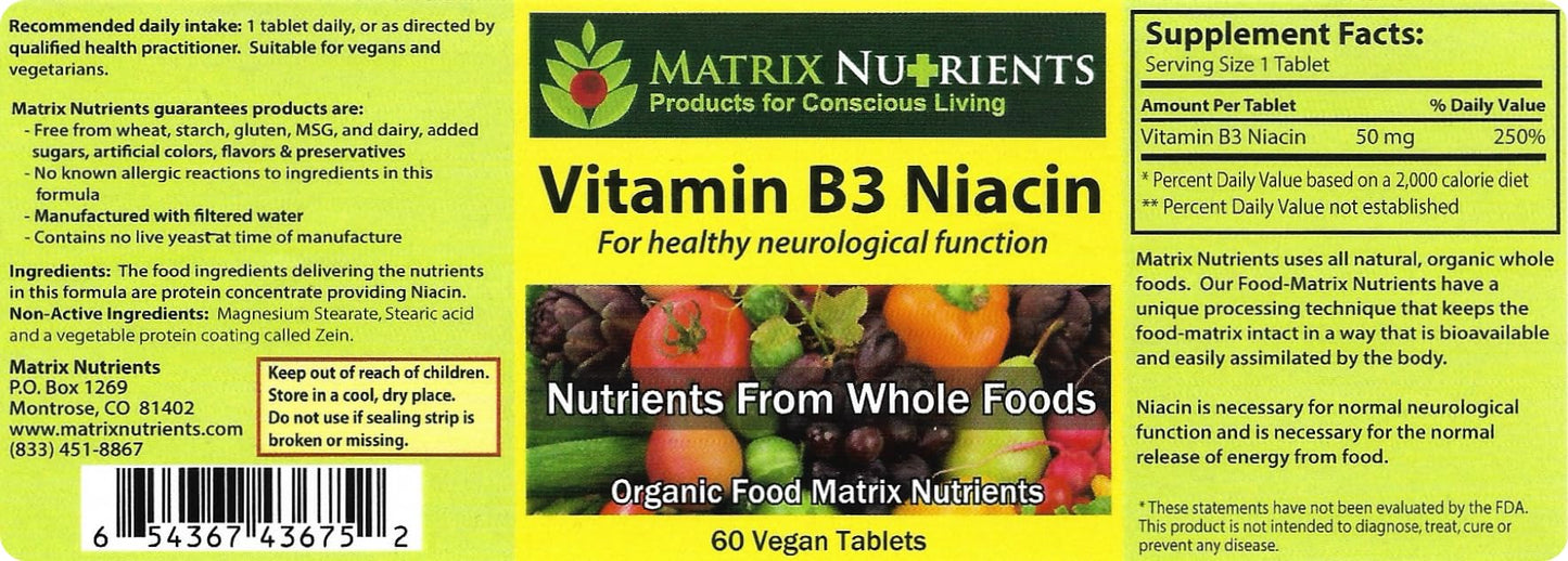 Matrix Nutrients Vitamin B3 Niacin Tablets 60