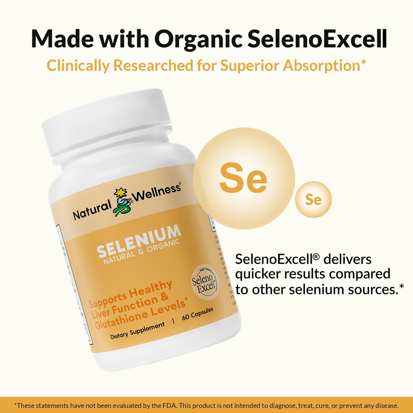 Natural Wellness Organic Selenium 200 mcg High Absorption SelenoExcell Selenium Supplement, 60 Capsules