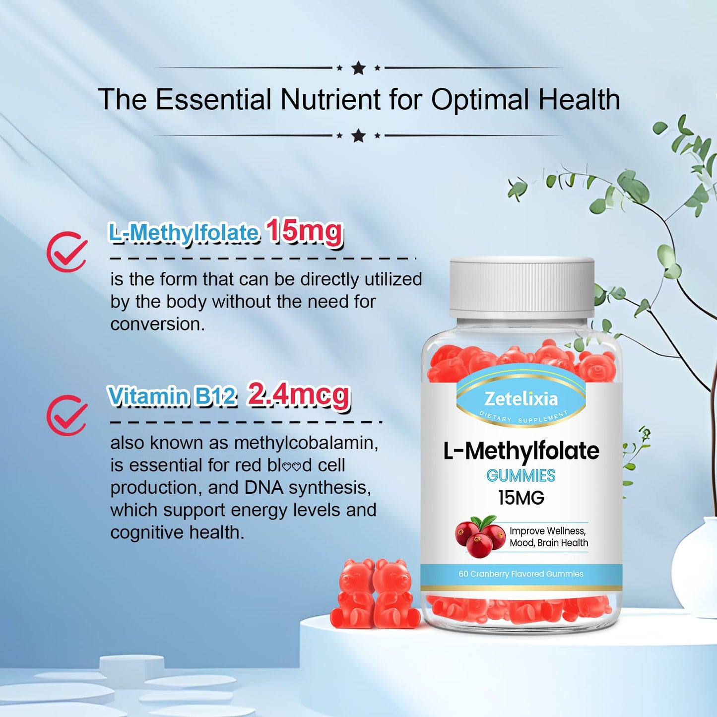 Zetelixia L-Methylfolate 15mg & Methyl B12 Gummies, 60 Count