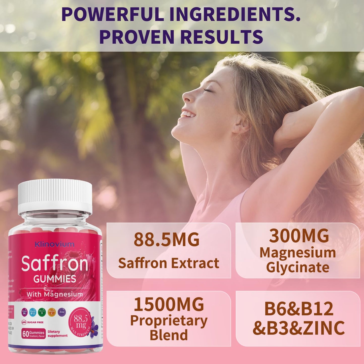 Klinovium Saffron Gummies with Saffron 88.5mg + Magnesium Glycinate 300mg, 60 Count