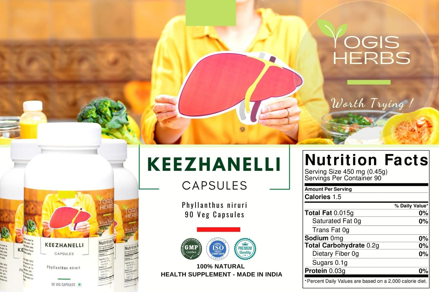 YOGIS HERBS Keezhanelli Capsules (Phyllanthus Niruri) Veg Capsules, 90 Count
