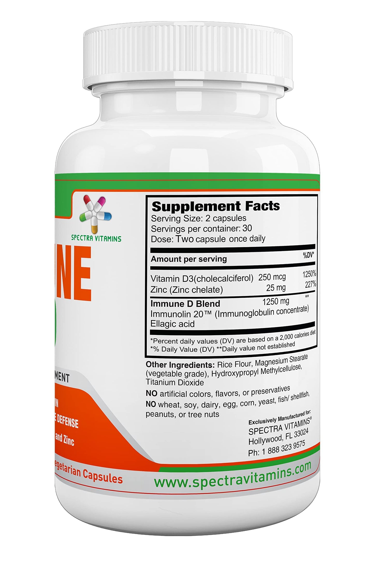 Spectra Vitamins Immune D Support Dietary Supplement with Immunolin, Vitamin D3, Zinc, Ellagic Acid, 60 Capsules
