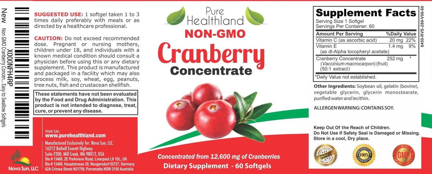 Pure Healthland Cranberry Concentrate 252 mg per Softgel (50:1 Extract), 60 Softgels