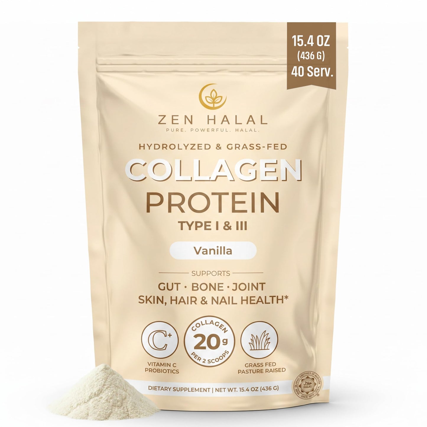 ZEN HALAL Hydrolyzed Collagen Peptides Powder Vanilla 15.4 oz