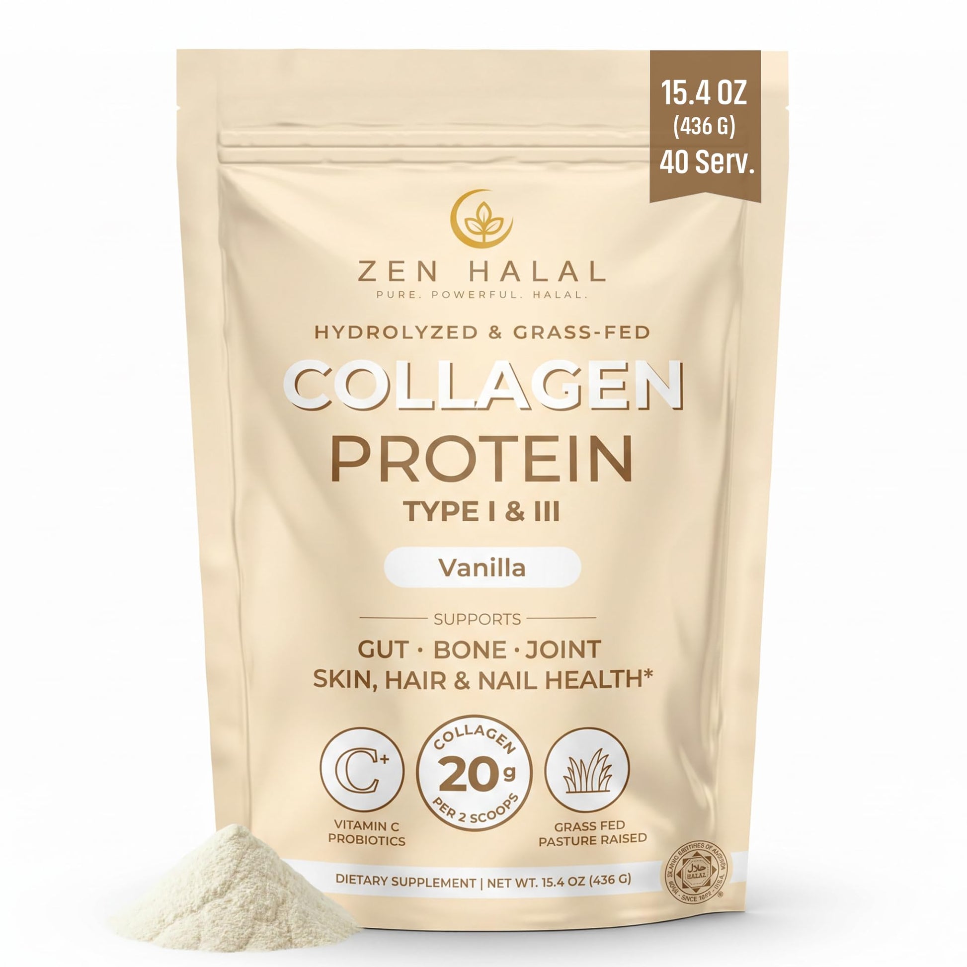 ZEN HALAL Hydrolyzed Collagen Peptides Powder Vanilla 15.4 oz