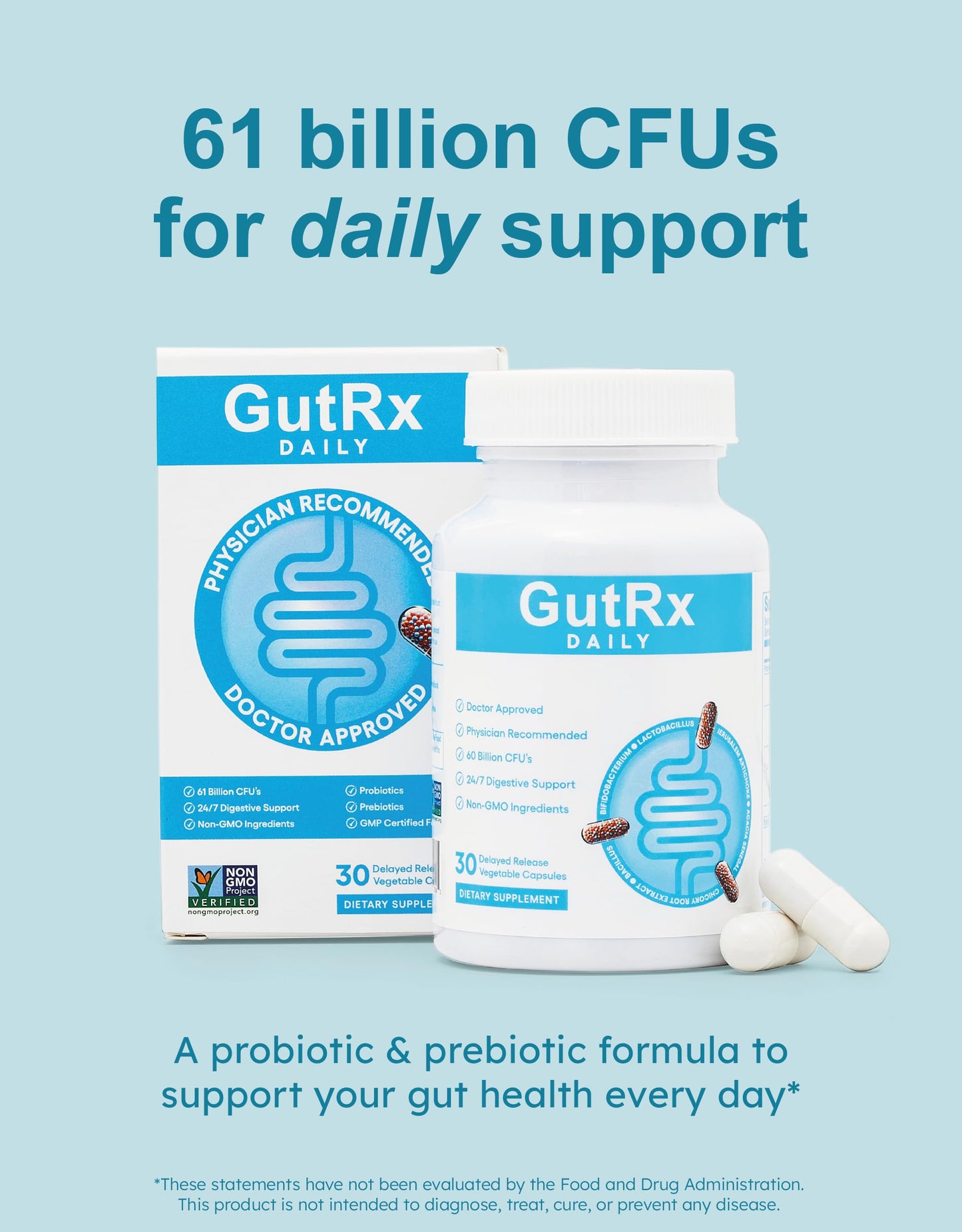 GutRx Daily Probiotics for Women & Men with Bifidobacterium Longum & Prebiotics for Gut Health, Gluten Free Probiotics for Digestive Health – 61 Billion CFU, 30 Enteric Coated Capsules