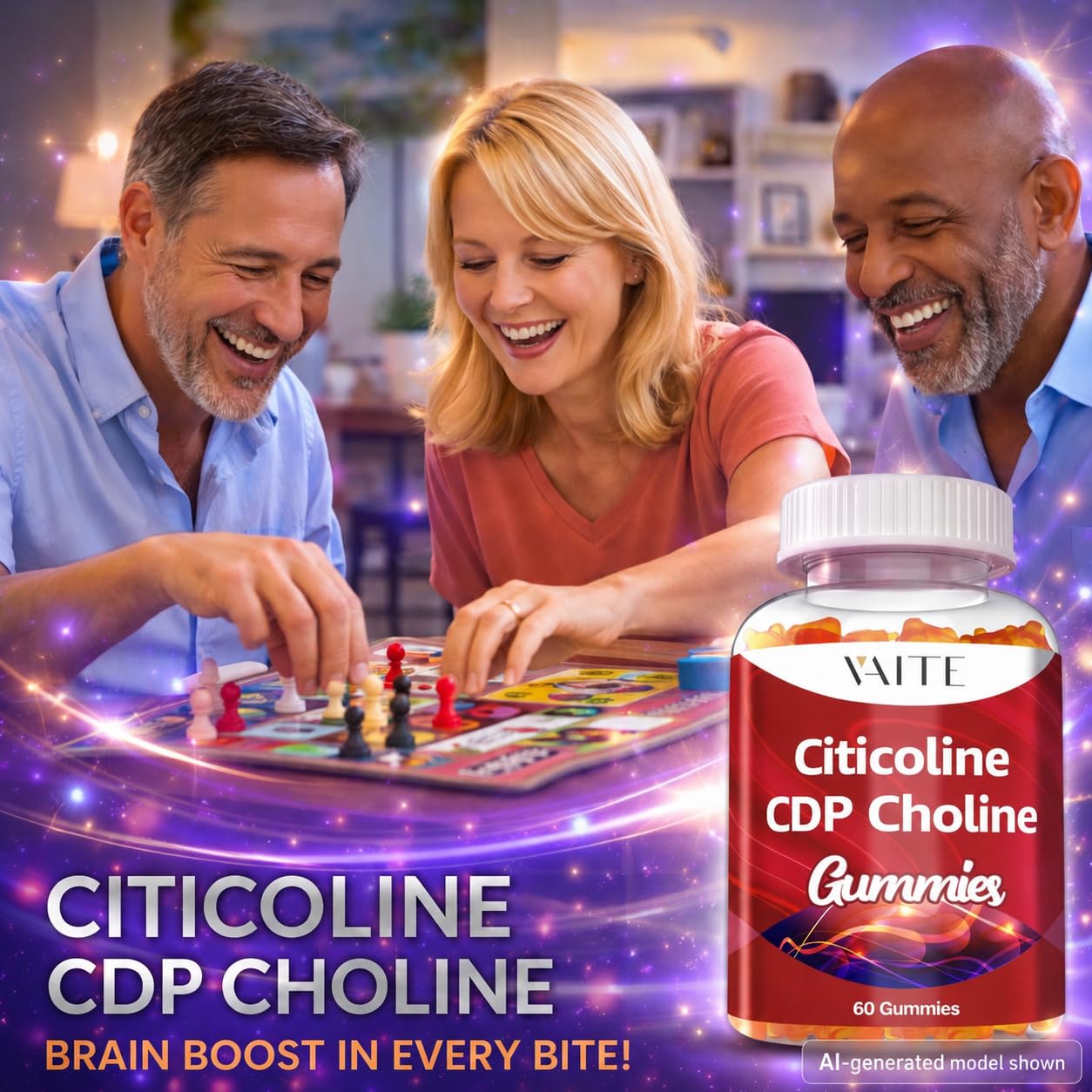 VAITE Citicoline 1000mg – CDP Choline for Brain Support, Memory, Focus & Mental Performance – 60 Gummies