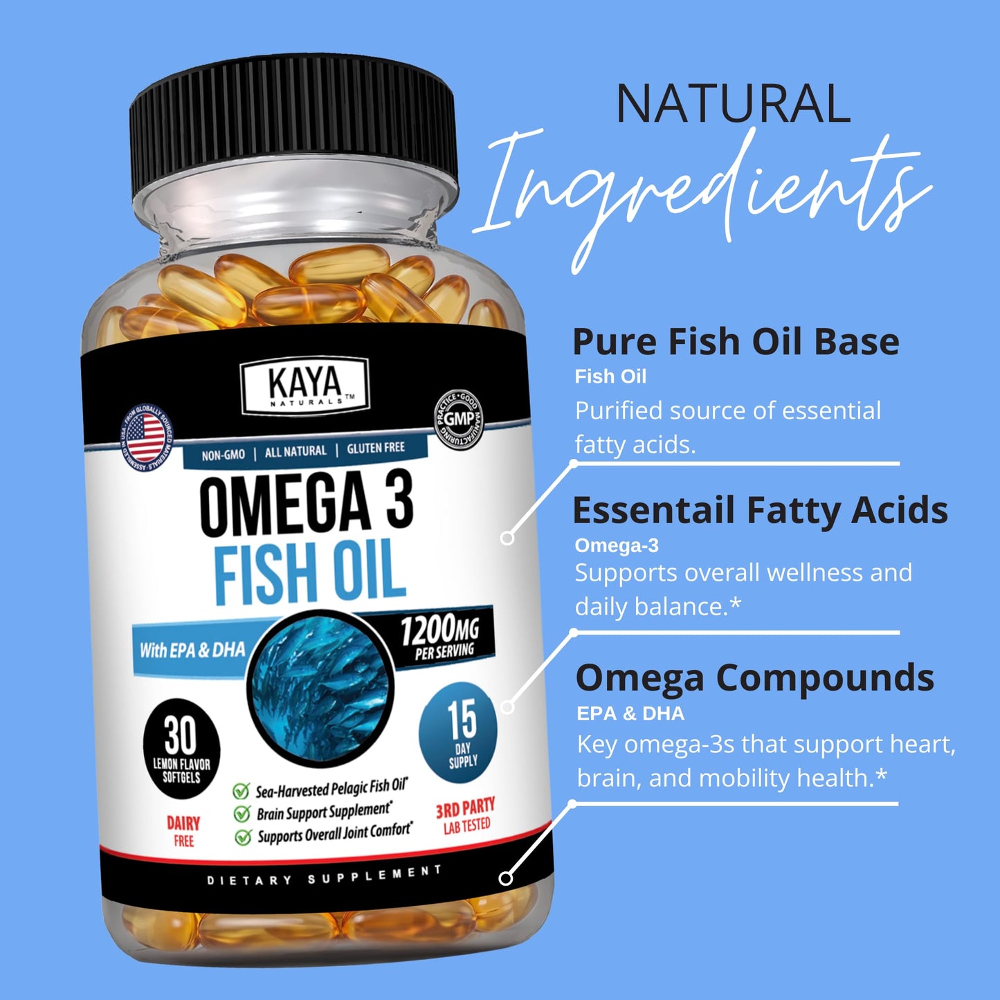 Kaya Naturals Omega 3 Fish Oil Supplement Softgels 30