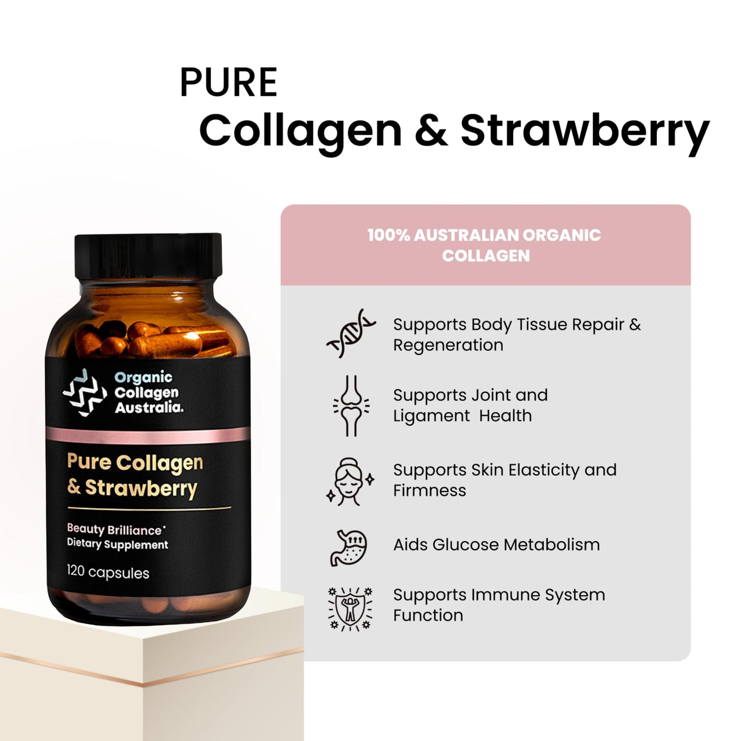 Organic Collagen Australia Beauty Brilliance Pure Collagen & Strawberry Capsules, 120