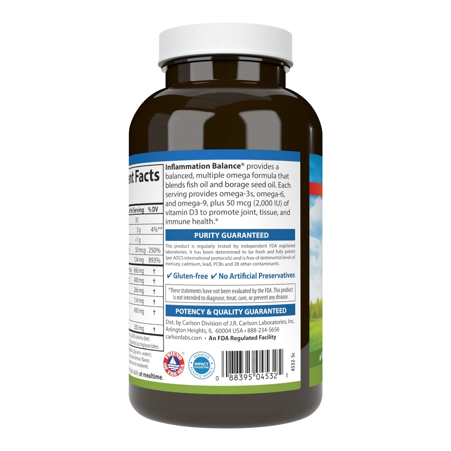 Carlson Inflammation Balance, Omega-3 & Omega-6 Ratio with D3, Norwegian Wild-Caught Fish Oil, Softgels, 180