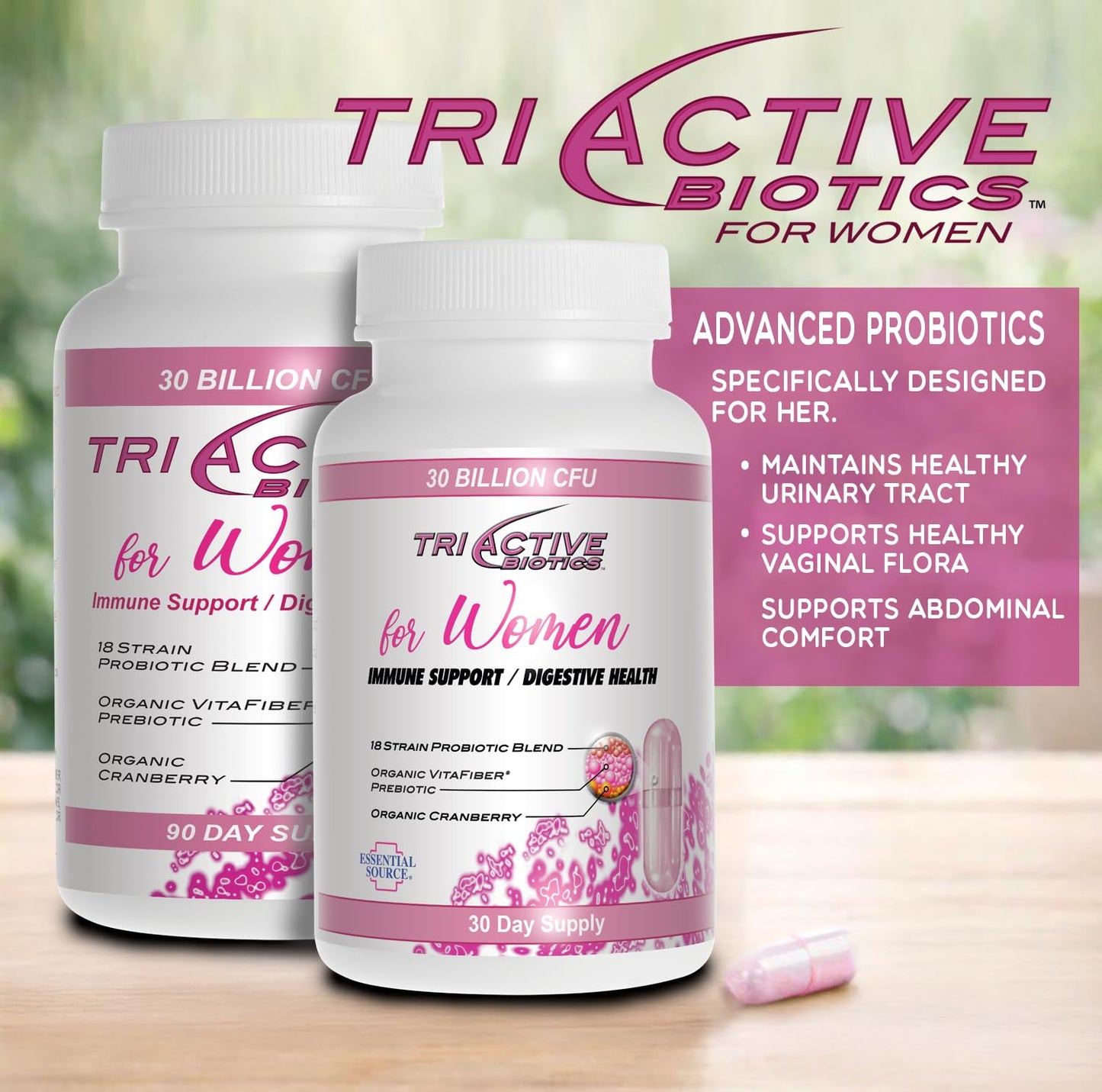 Essential Source Triactive Biotics for Women Probiotics with 18 Strains, Organic VitaFiber Prebiotic & Cranberry for Digestive, Immune, Urinary & Vaginal Health, 90 Capsules