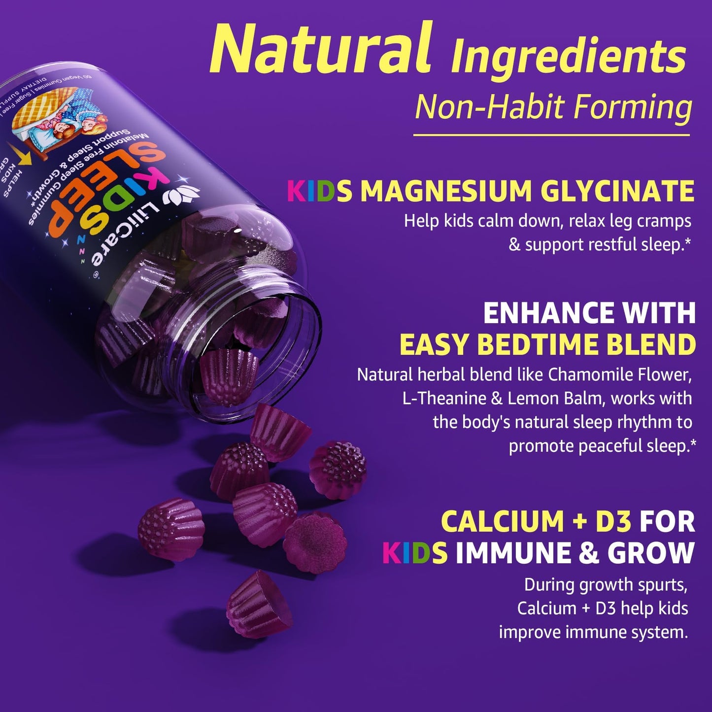LILICARE Kids Sleep Gummies, Magnesium Glycinate Gummies, Melatonin-Free Sleep Aid with Magnesium, Calcium, D3, B6, L-Theanine, 60 Gummies
