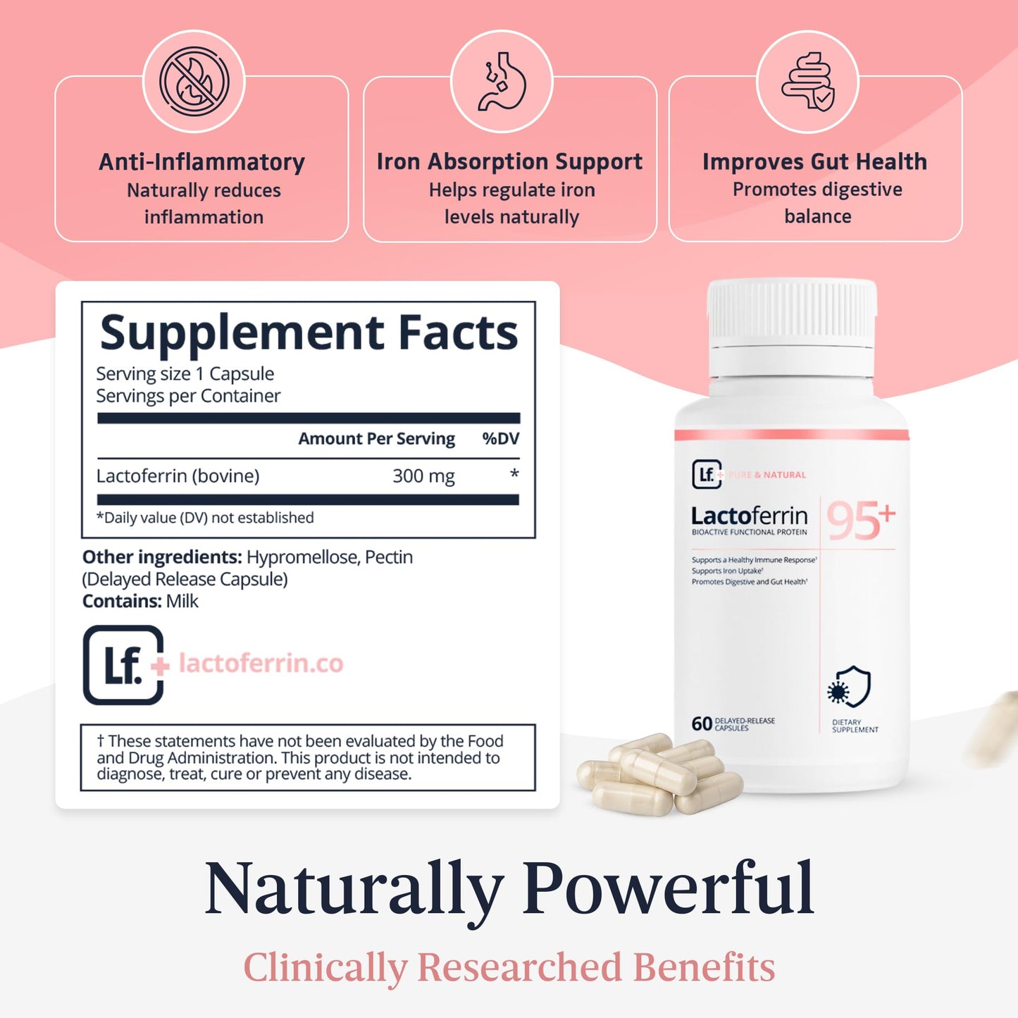 Lactoferrin Lactoferrin Supplement 300mg – 95%+ Pure Bovine Delayed Release Capsules, 60 Count