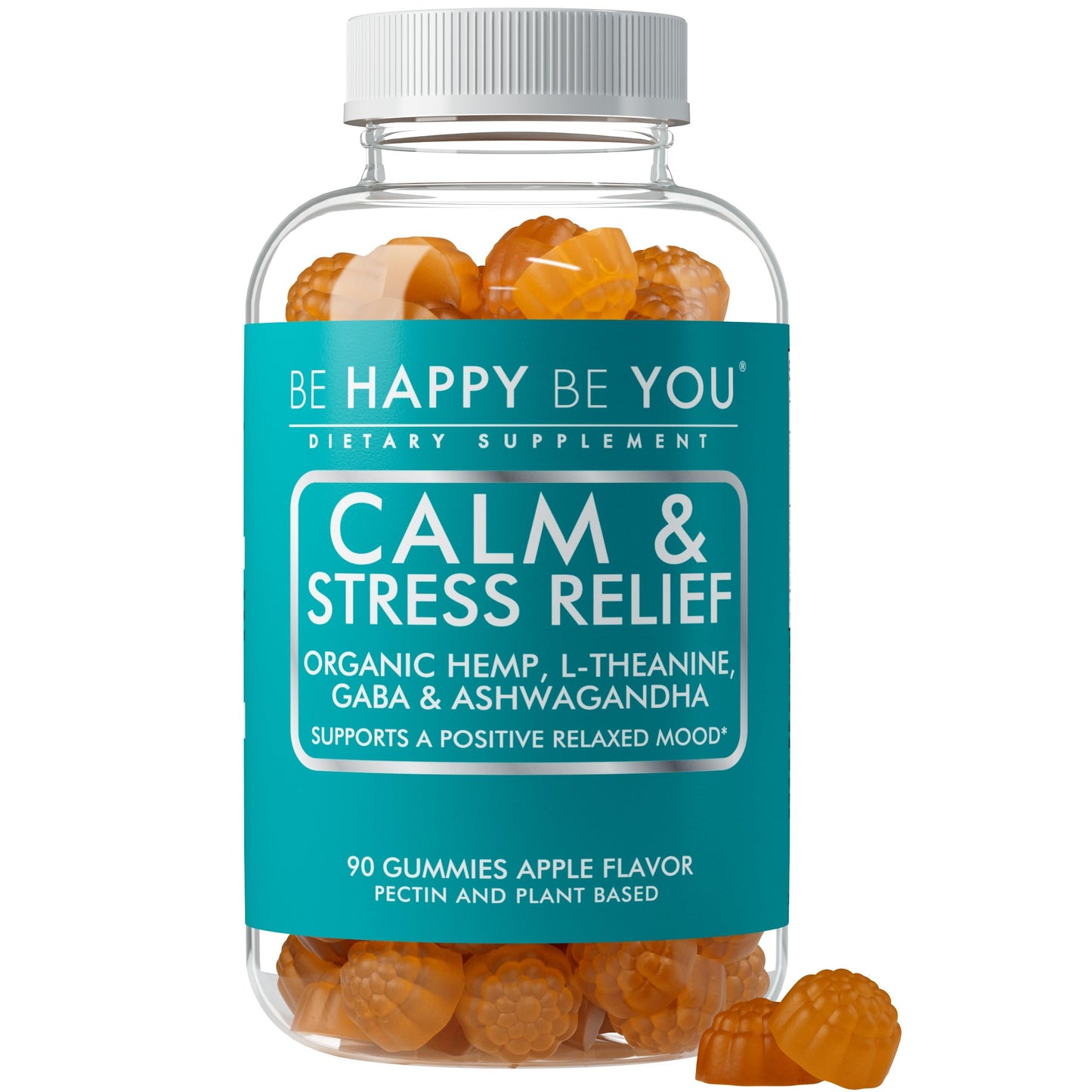 Be Happy Be You Calm & Stress Relief Gummies with Organic Hemp Seed Oil, L-Theanine, GABA & Ashwagandha – Positive Mood & Relaxation Support – Apple Flavor – 90 Gummies