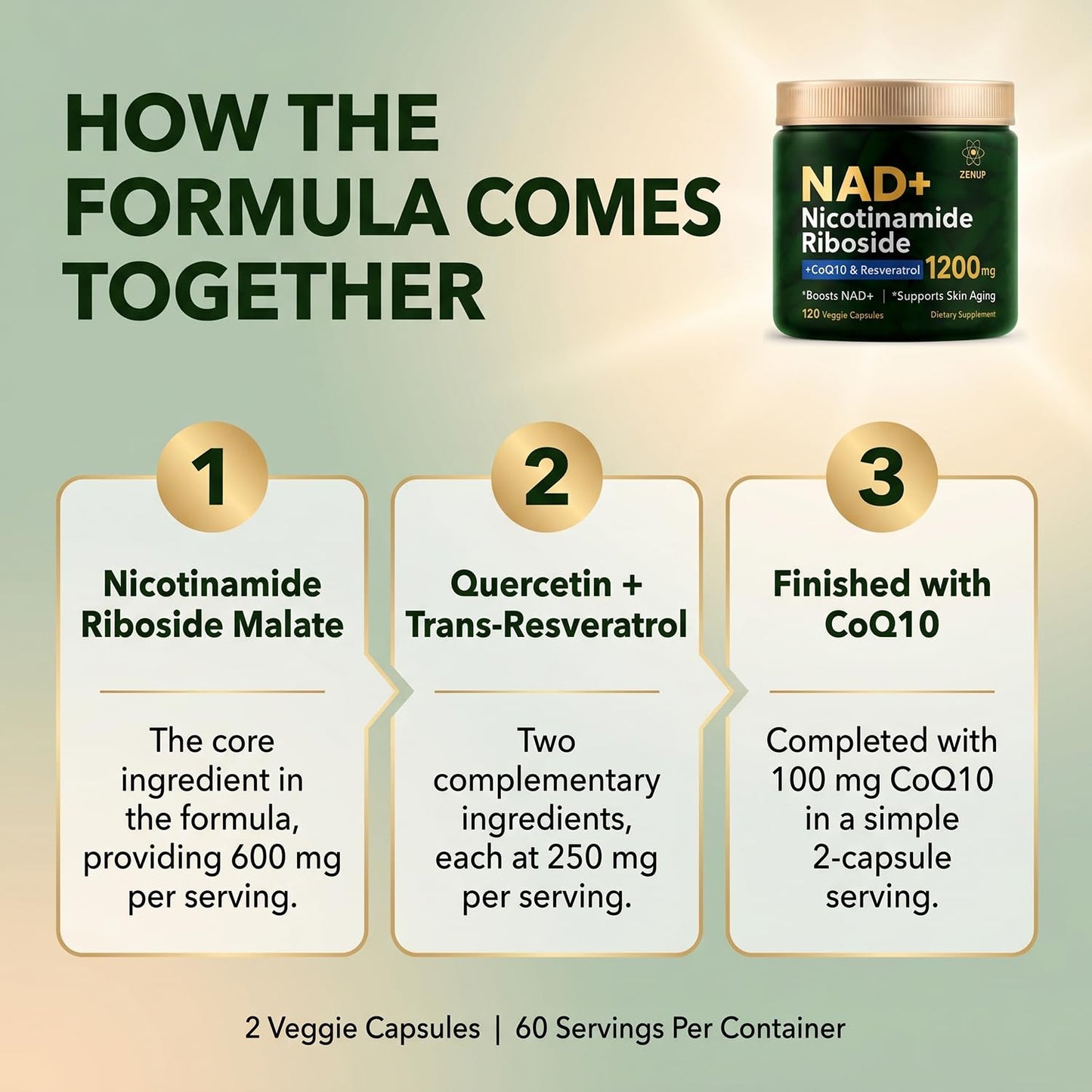 ZenUP NAD+ Nicotinamide Riboside Malate with CoQ10, Trans-Resveratrol & Quercetin Capsules, 120 Capsules