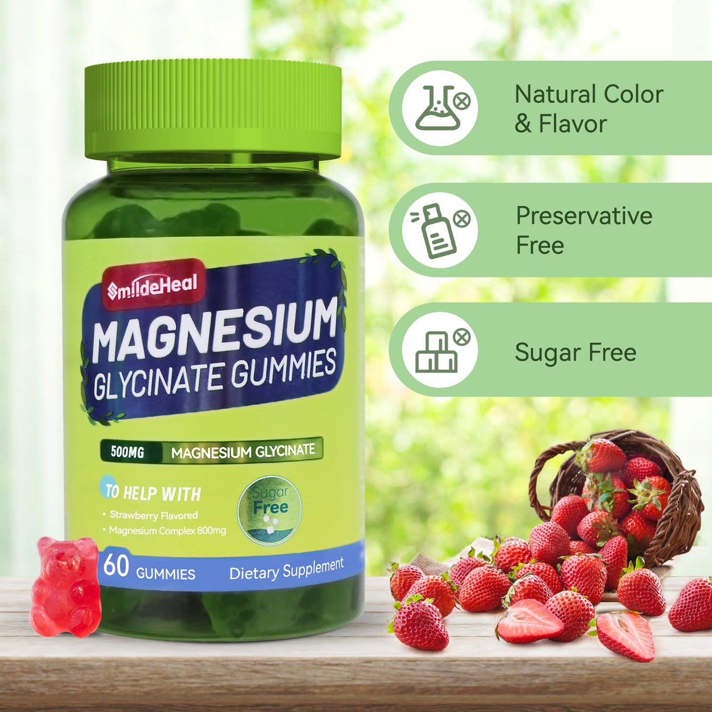 SmildeHeal Magnesium Glycinate Gummies 500mg with L-Threonate 300mg - Sugar-Free Magnesium Potassium Supplement with Vitamin D, B6, CoQ10 - Strawberry Flavored, 60 Gummies