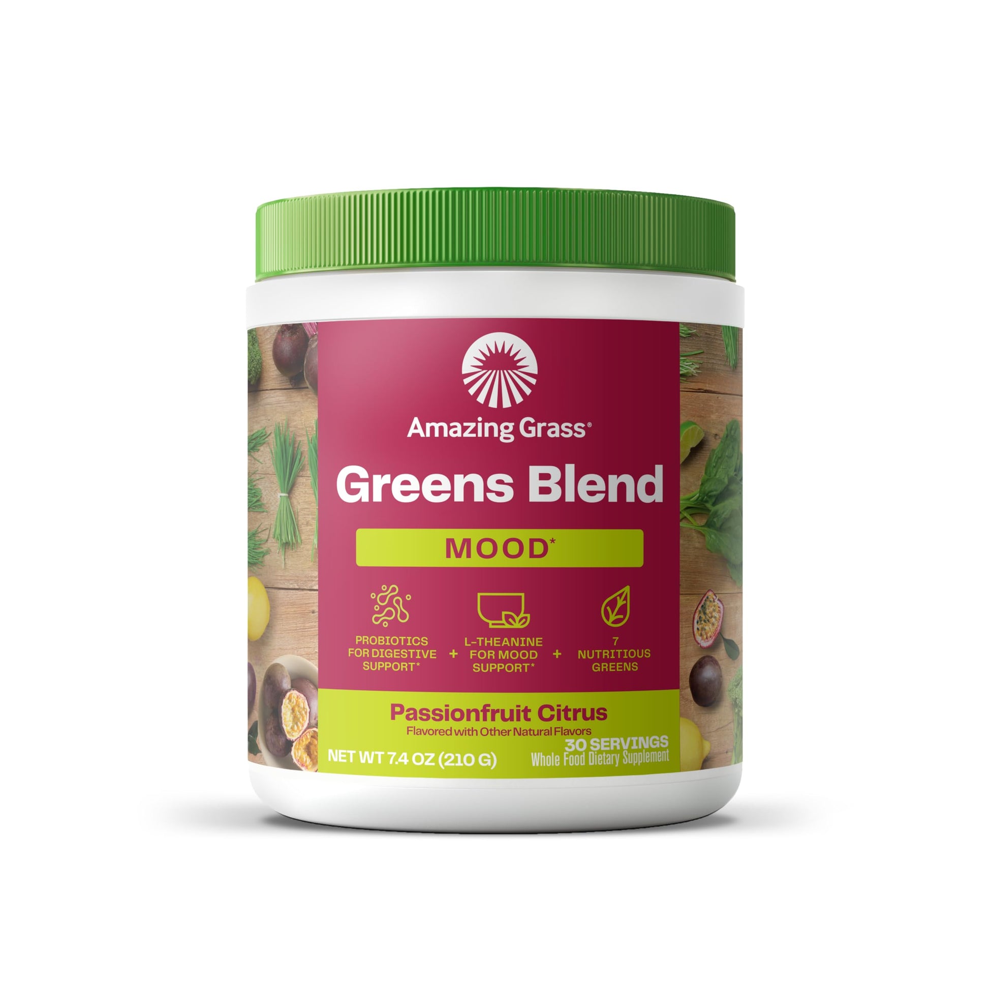 Amazing Grass Greens Blend Mood, Super Greens Powder Smoothie Mix for Stress Support, L-Theanine, Relaxation, Spirluna, Probiotics, Passionfruit Citrus, 7.4 Ounce Powder
