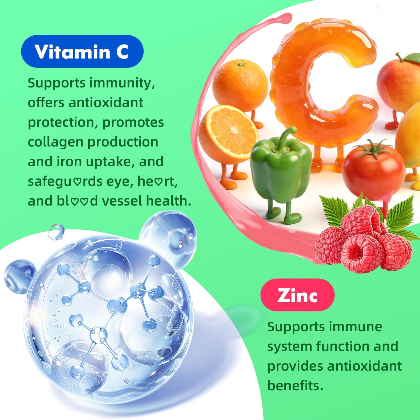 MEENCCD Organic Vitamin C Gummies with Zinc for Adults, Vegan, Non-GMO, Sugar-Free Raspberry Flavor, 60 Count