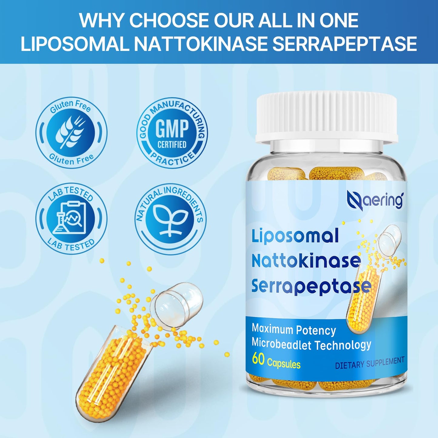 Naering Liposomal Nattokinase 12,000 FU Serrapeptase 360,000 SPU Enzyme Supplement - Enriched with Synergistic Enzymes and Nutrient Blend & Inulin for Circulatory, Gut, Digestion 60 Capsules