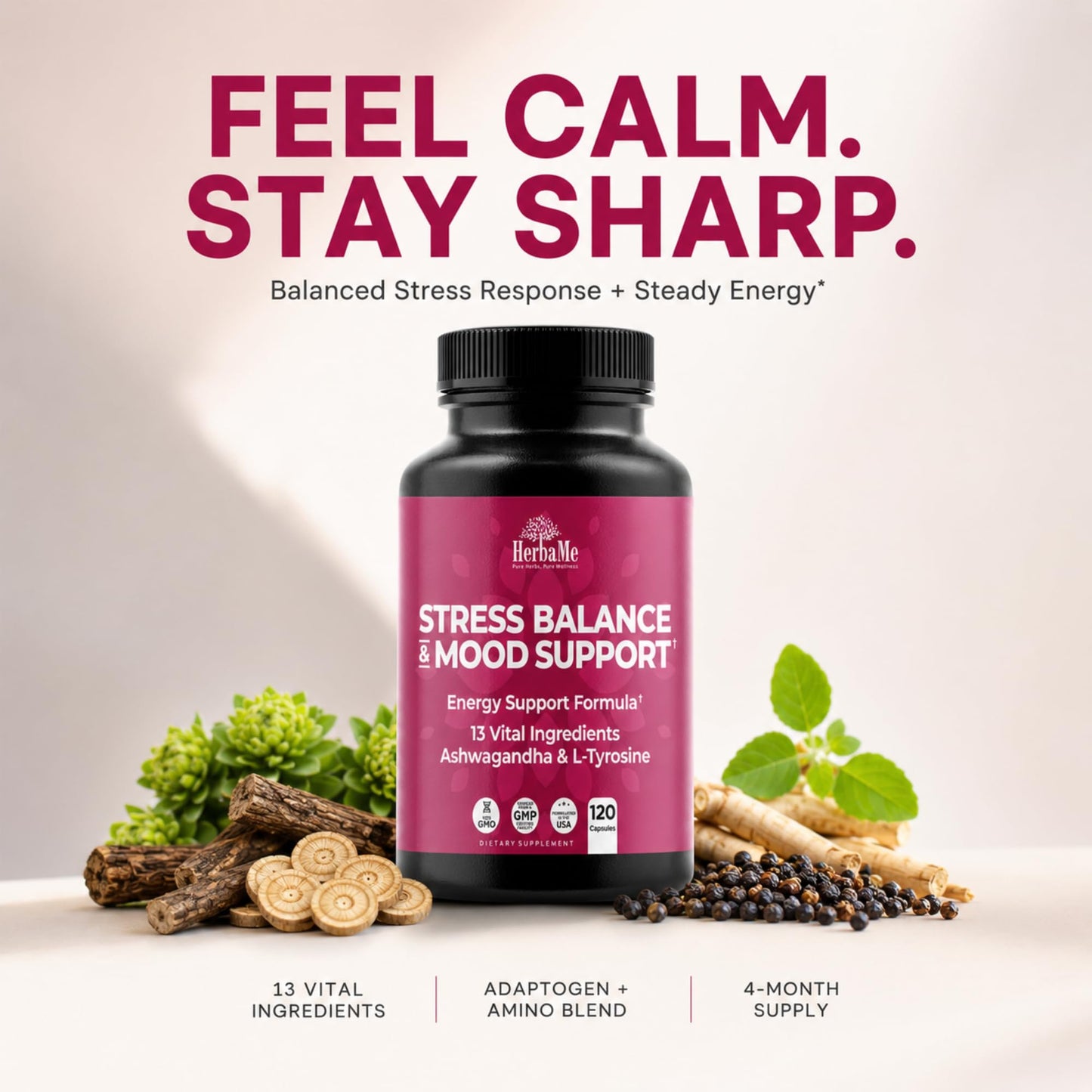 HerbaMe Stress & Mood Support Supplement with Ashwagandha & L-Tyrosine, 120 Capsules
