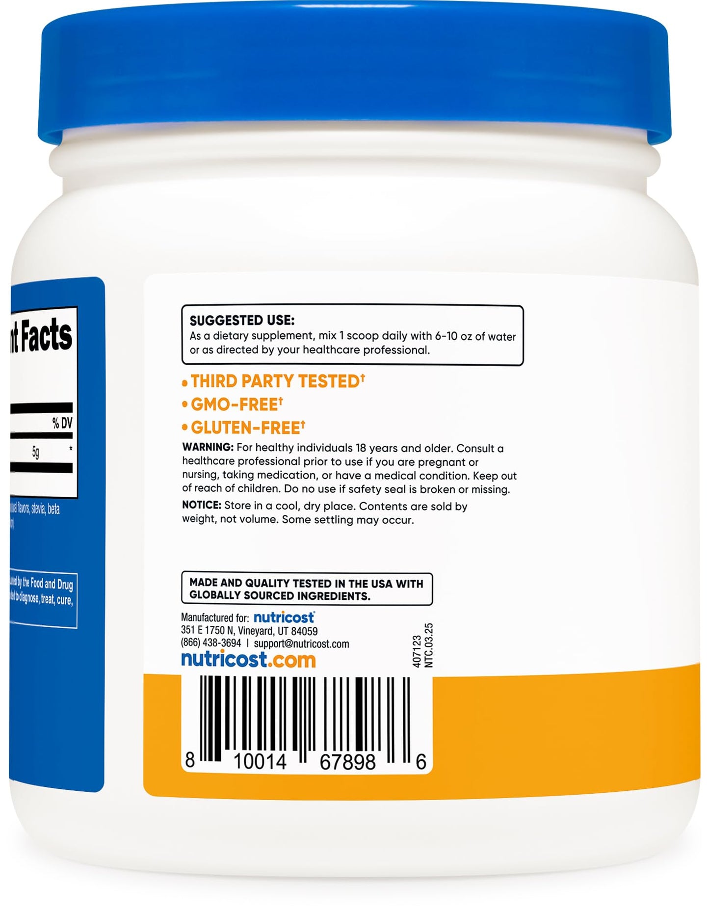 Nutricost L-Glutamine Powder Sweetened with Stevia (Peach Mango) 500 Grams 17.9 oz