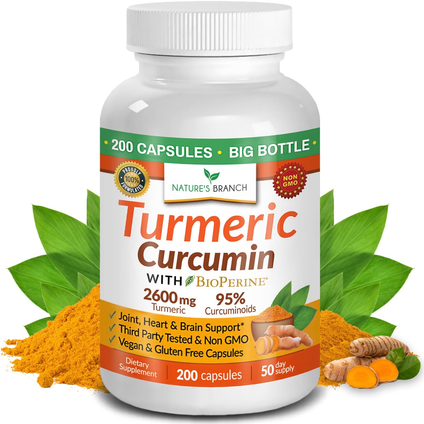 Nature's Branch Turmeric Curcumin Supplement 2600mg Capsules, 200 Count