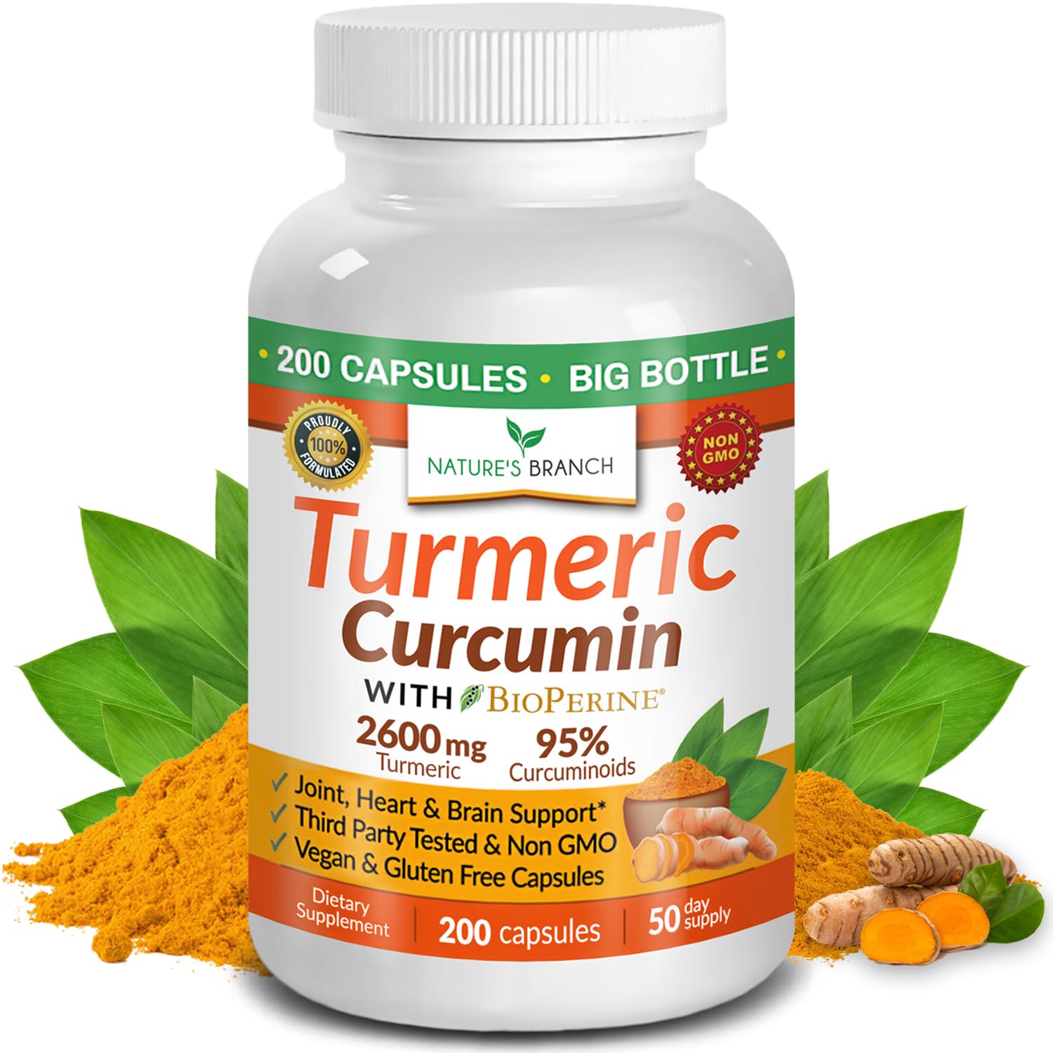 Nature's Branch Turmeric Curcumin Supplement 2600mg Capsules, 200 Count