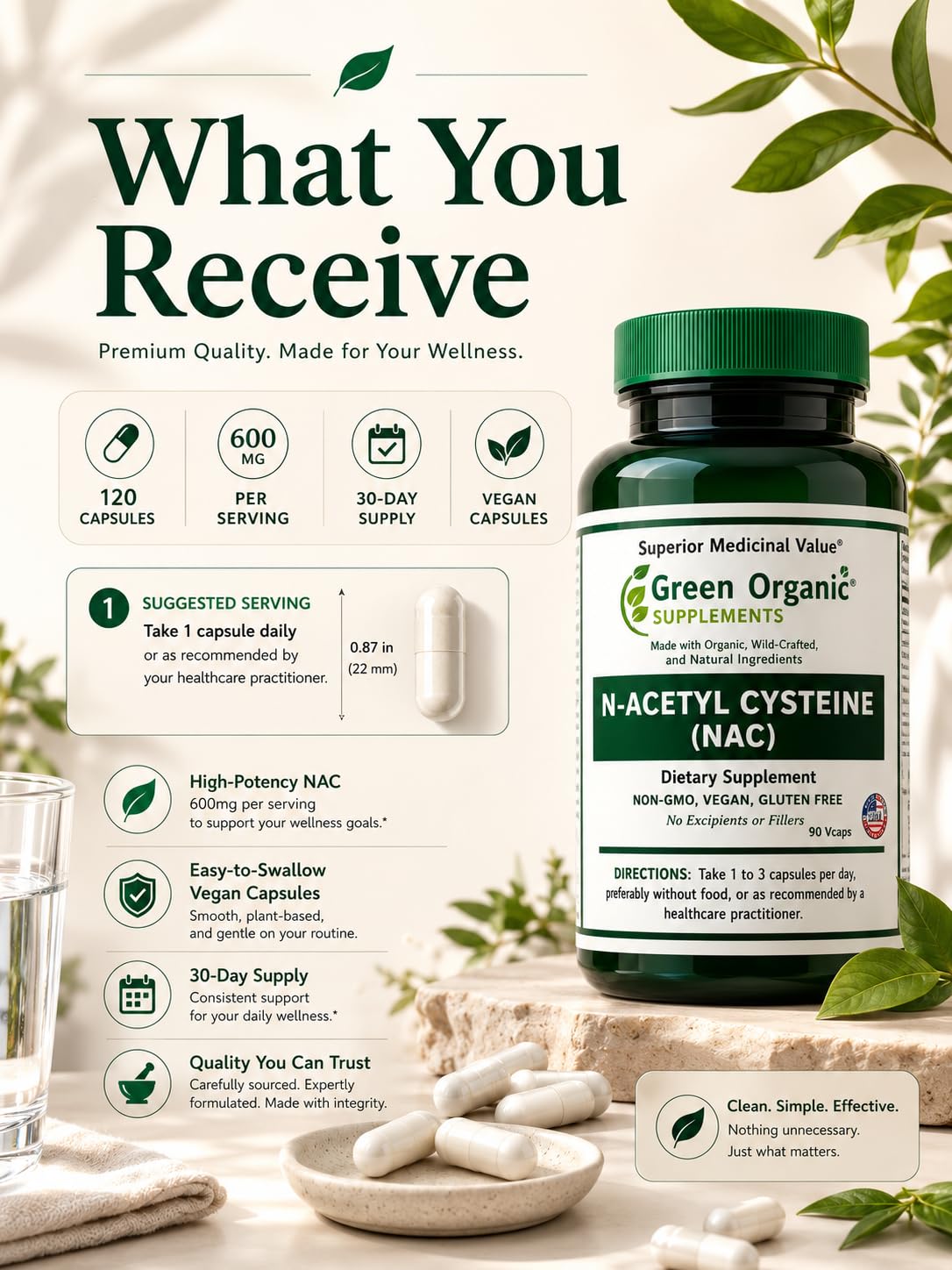 Green Organic Supplements N-Acetyl Cysteine (NAC) Capsules 180
