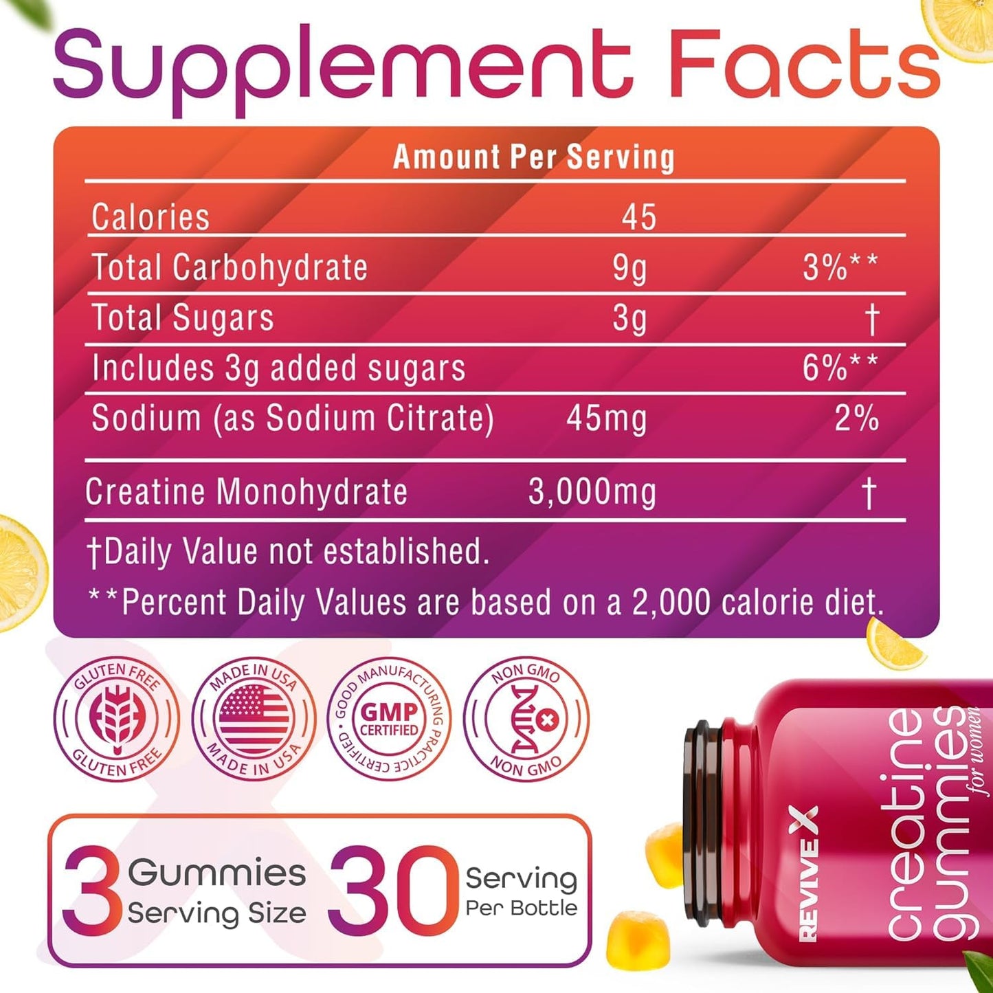Revive X Glute Gummies Creatine Monohydrate 3G Lemon Drop, 90 Count