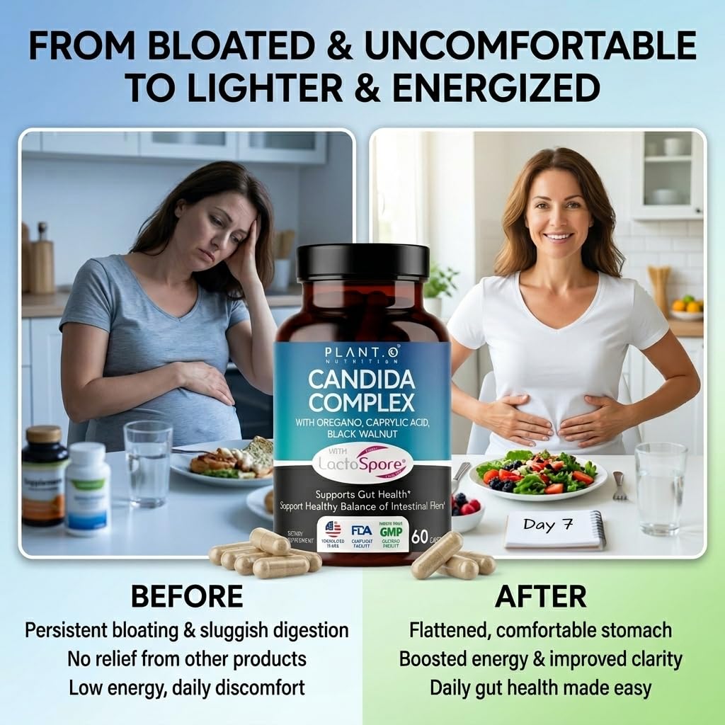 PLANT.O NUTRITION Candida Cleanse Supplement & Yeast Support with Probiotics (LactoSpore®), Oregano Oil, Caprylic Acid, Black Walnut – Advanced Gut Health, Digestive Enzymes, pH Balance for Women and Men, 60 Capsules