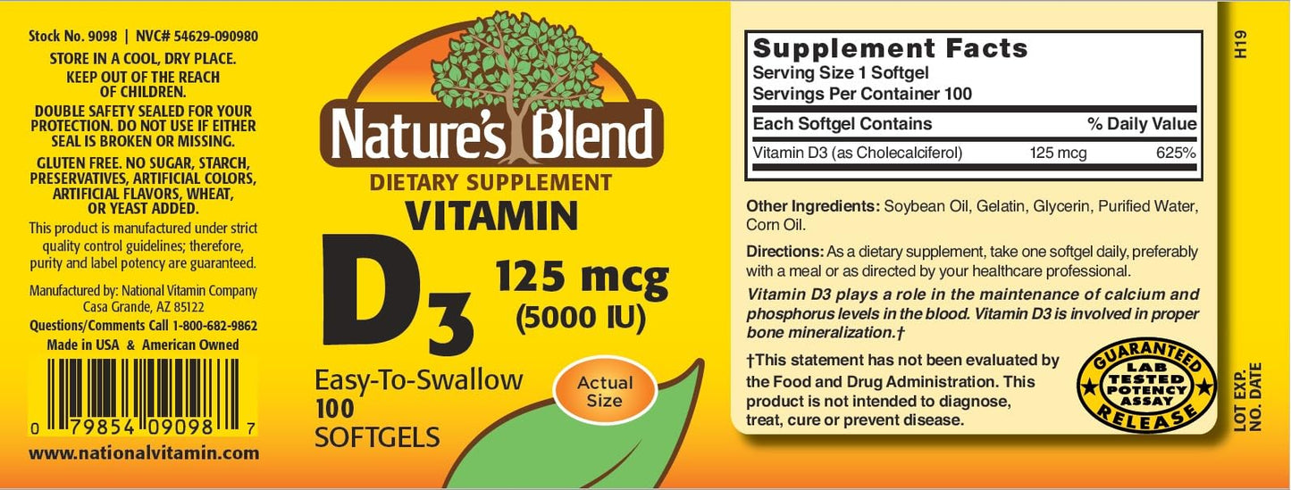 Nature's Blend Vitamin D3 125 MCG (5000 IU) Softgels 100
