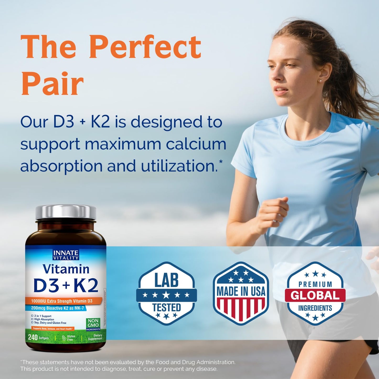 Innate Vitality Vitamin D3 K2 Supplement High Potency 10000 IU & 200 mcg MK-7 Softgels 240