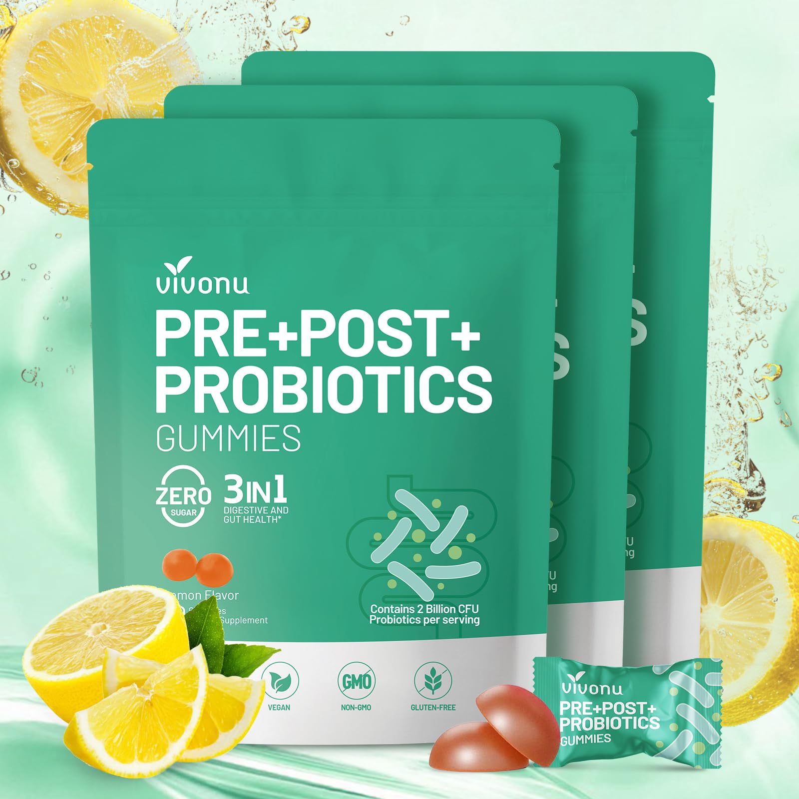 VivoNu Probiotics for Digestive Health Gummies, 2 Billion CFU Probiotic, Zinc, Magnesium and Vitamin D3, 1 Count