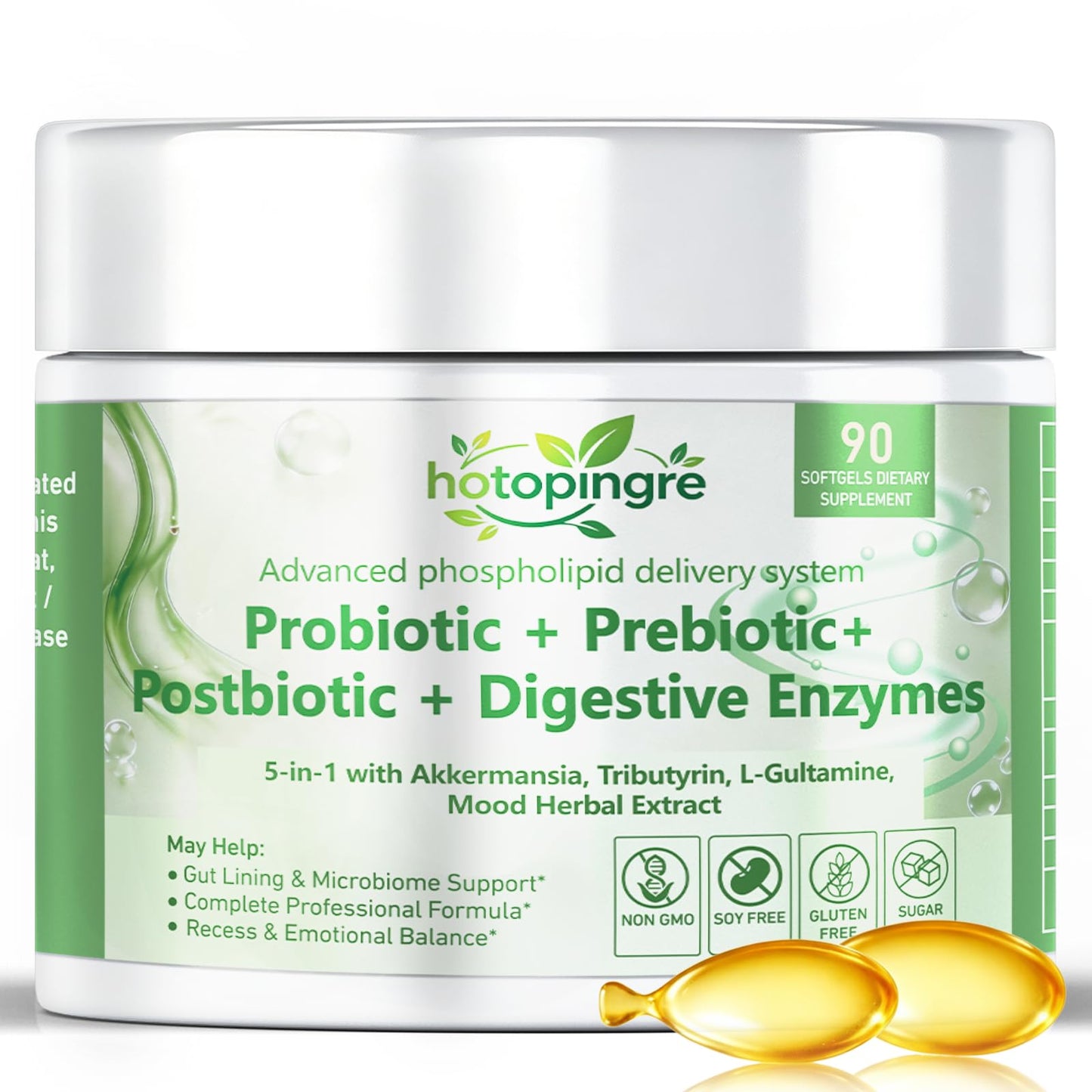 Hotopingre 5-in-1 Probiotic Prebiotic & Postbiotic for Women and Men Softgel 90 Count
