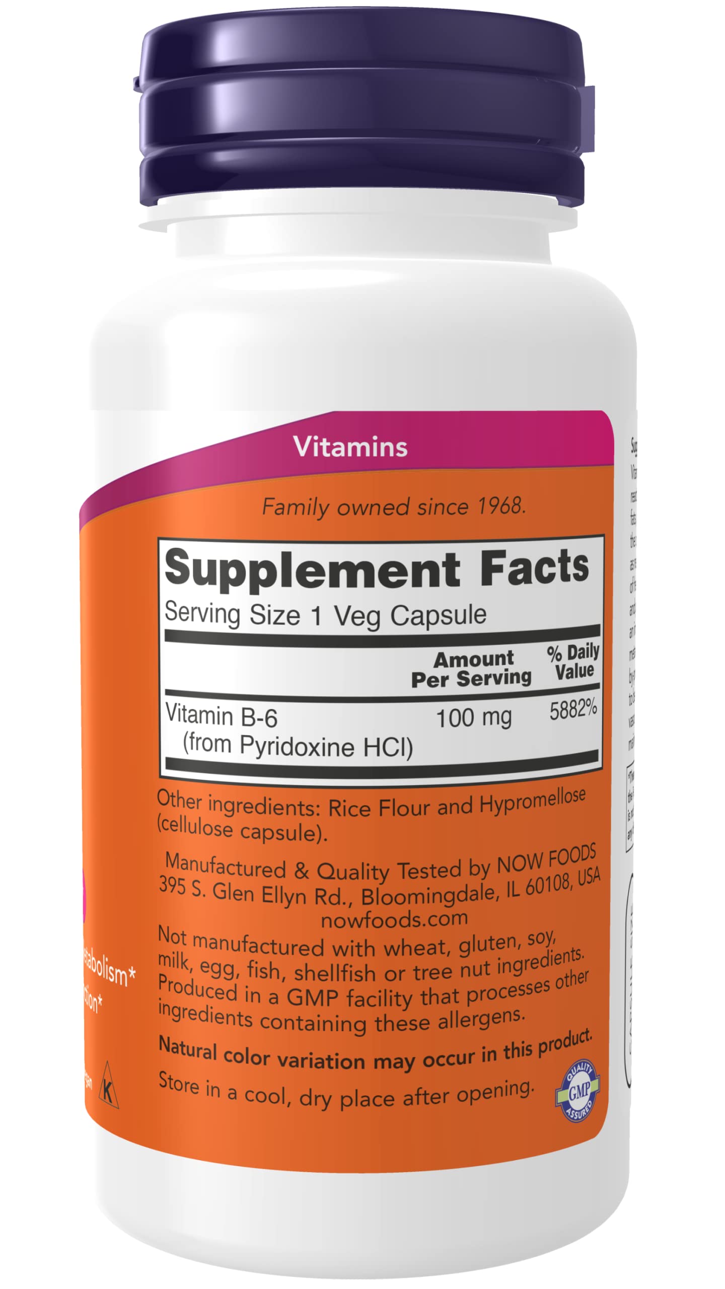 NOW Foods Vitamin B-6 100 mg Capsule, 100 Capsules