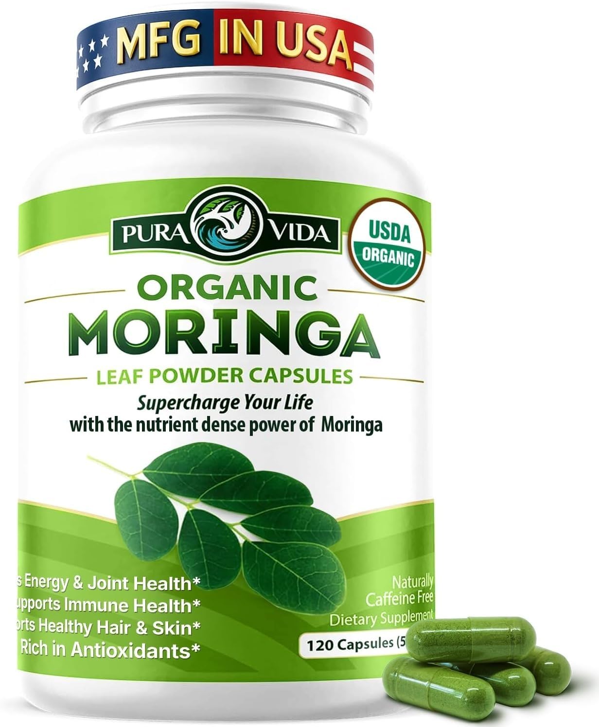 Pura Vida Moringa Organic Moringa Capsules, 500mg, 120 Count
